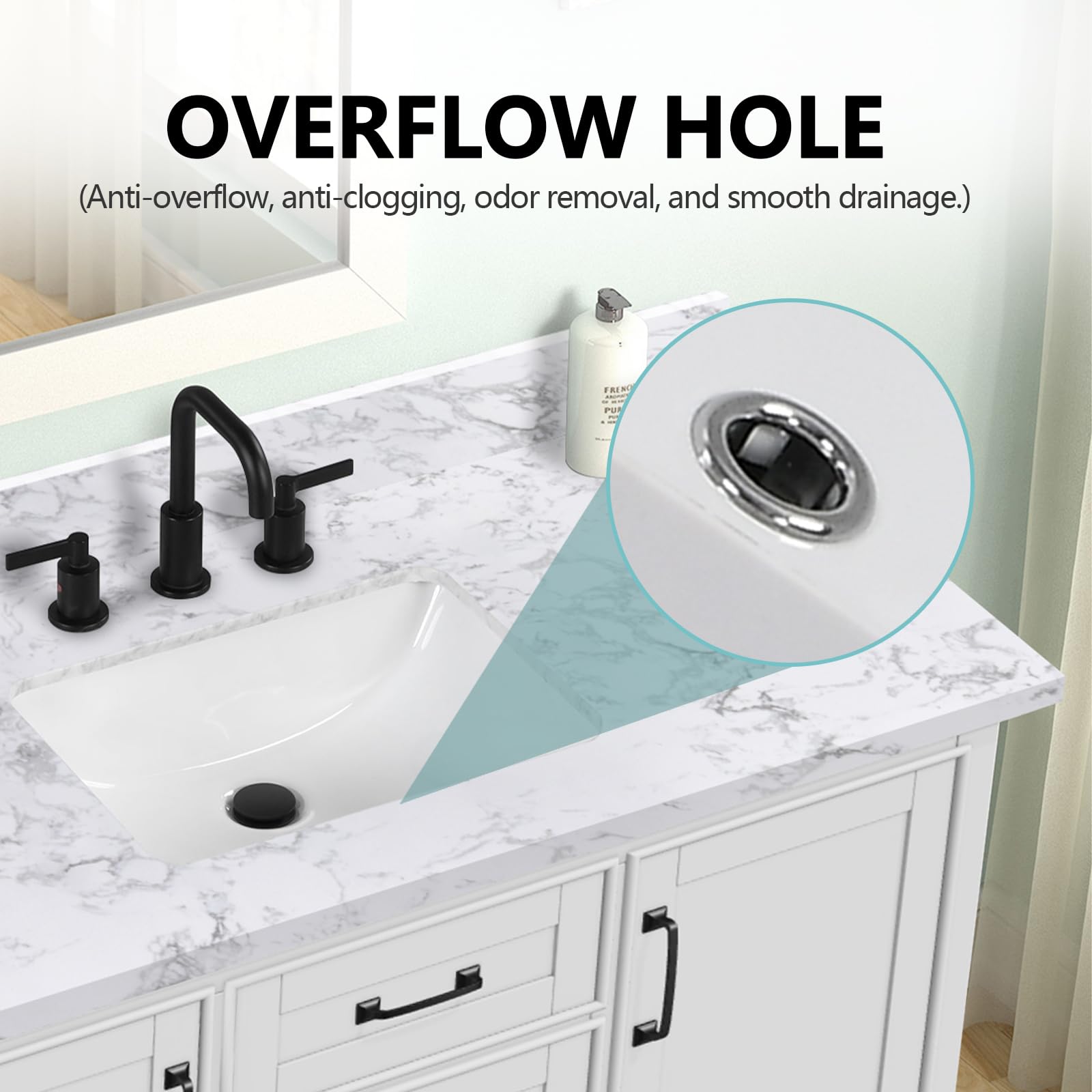 48x22 Inch White Engineered Stone Bathroom Vanity Top with Integrated Sink - 8 Inch 3-Hole Faucet Spread & Backsplash (Faucet Not Included) - Perfect for Modern Bathroom Renovations & Small Space Solutions