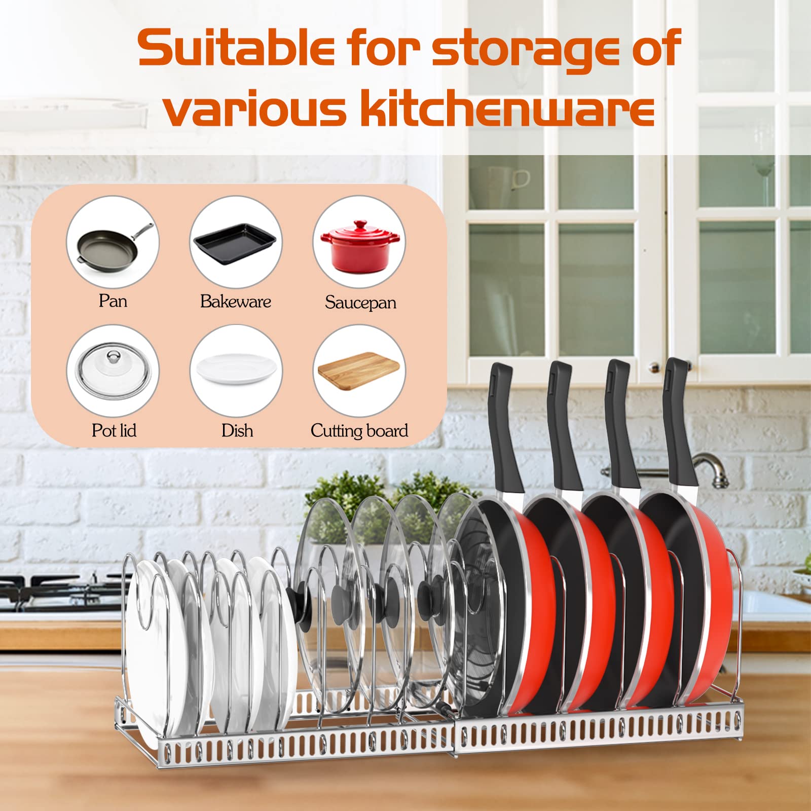 Stainless Steel Expandable Pot and Pan Organizer Rack for Cabinet - 14 Adjustable Dividers, Kitchen Storage Solution for Pots, Pans & Lids - Perfect for Small Spaces & Cluttered Kitchens
