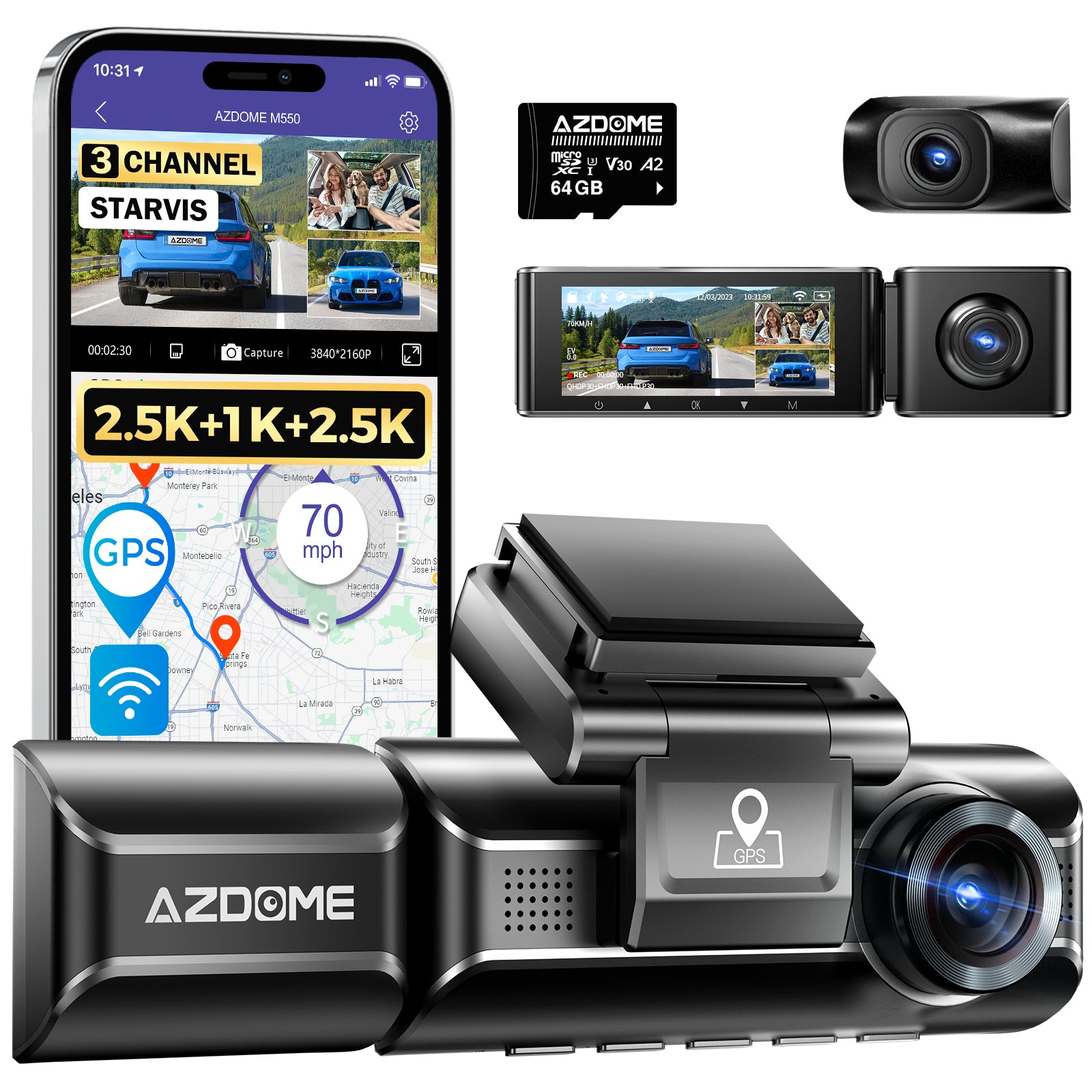 AZDOME M550 3 Channel 4K Dash Cam with 3.19