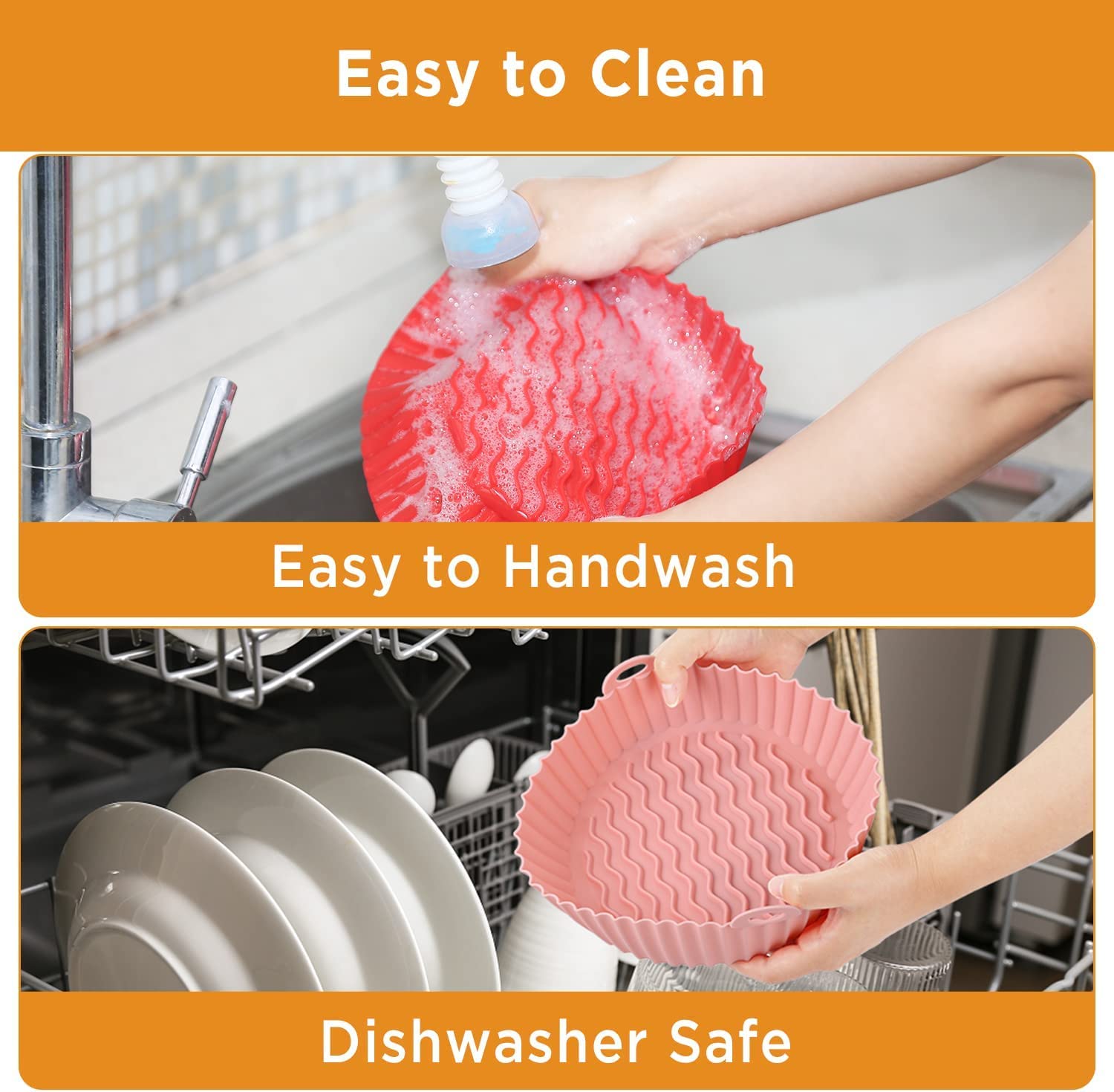 OUTXE 2-Pack 8.5inch Air Fryer Silicone Liners - Heat Resistant, Reusable Silicone Basket for 5QT Air Fryers - Oven Safe Accessories (Red+Pink) - Perfect for Baking, Roasting & Frying Without Sticking