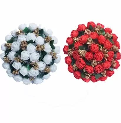 Ruchi Rose Flower Juda Gajra Bun Hair Accessories - Red & White Bridal Hair Jewelry for Weddings, Indian Festivals & Special Occasions