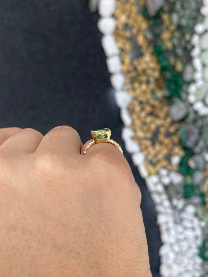 2.05ct 18K Gold Asscher Cut Emerald Ring - Rich Dark Green Solitaire with Matte Hammered Finish | Fine Jewelry for Engagement, Anniversary & Special Occasions