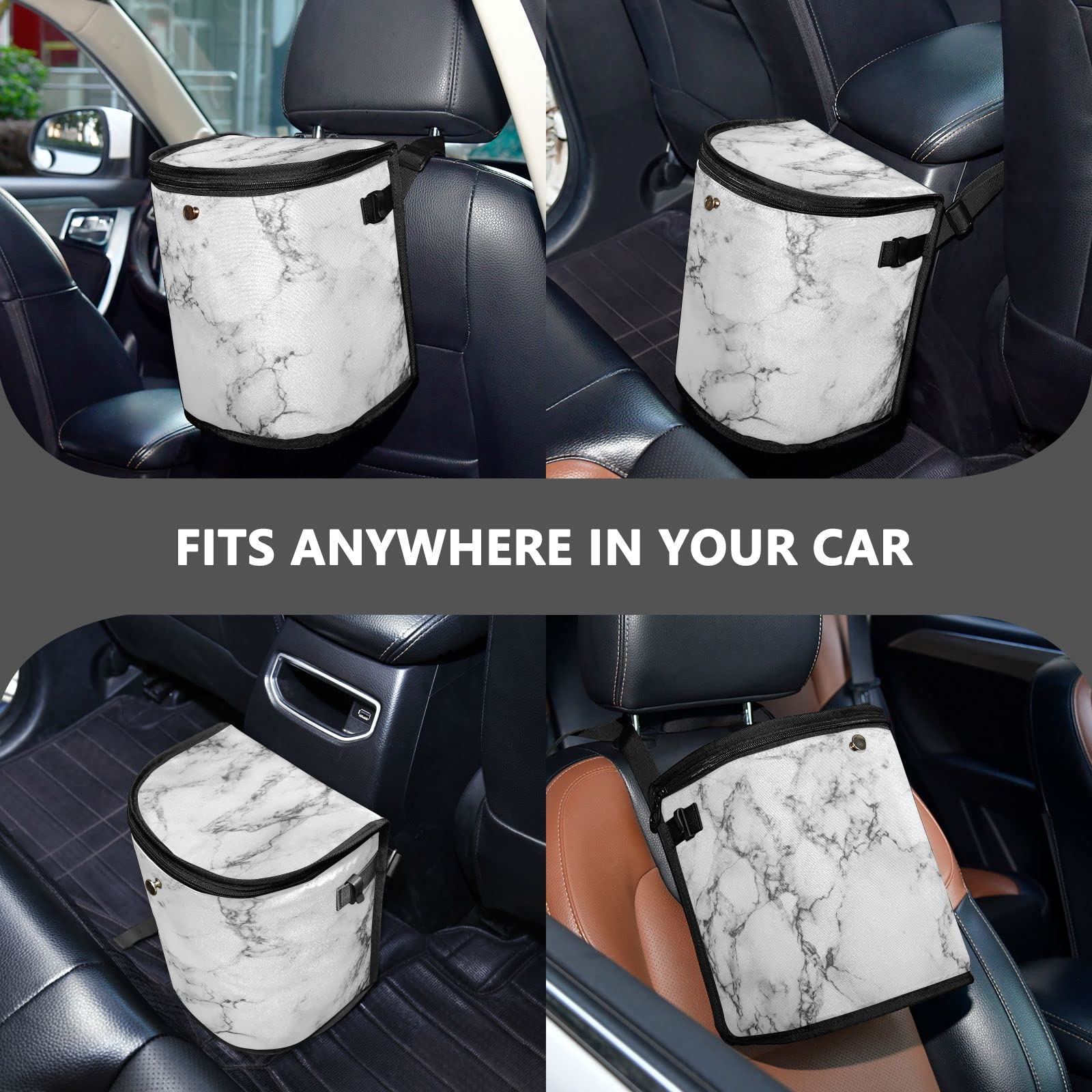 White Marble Print Car Trash Can with Lid - Leakproof Waterproof Auto Garbage Bin | Collapsible Portable Car Trash Organizer for Sedan, SUV, Truck | Multipurpose Vehicle Waste Container for Road Trips & Daily Commute