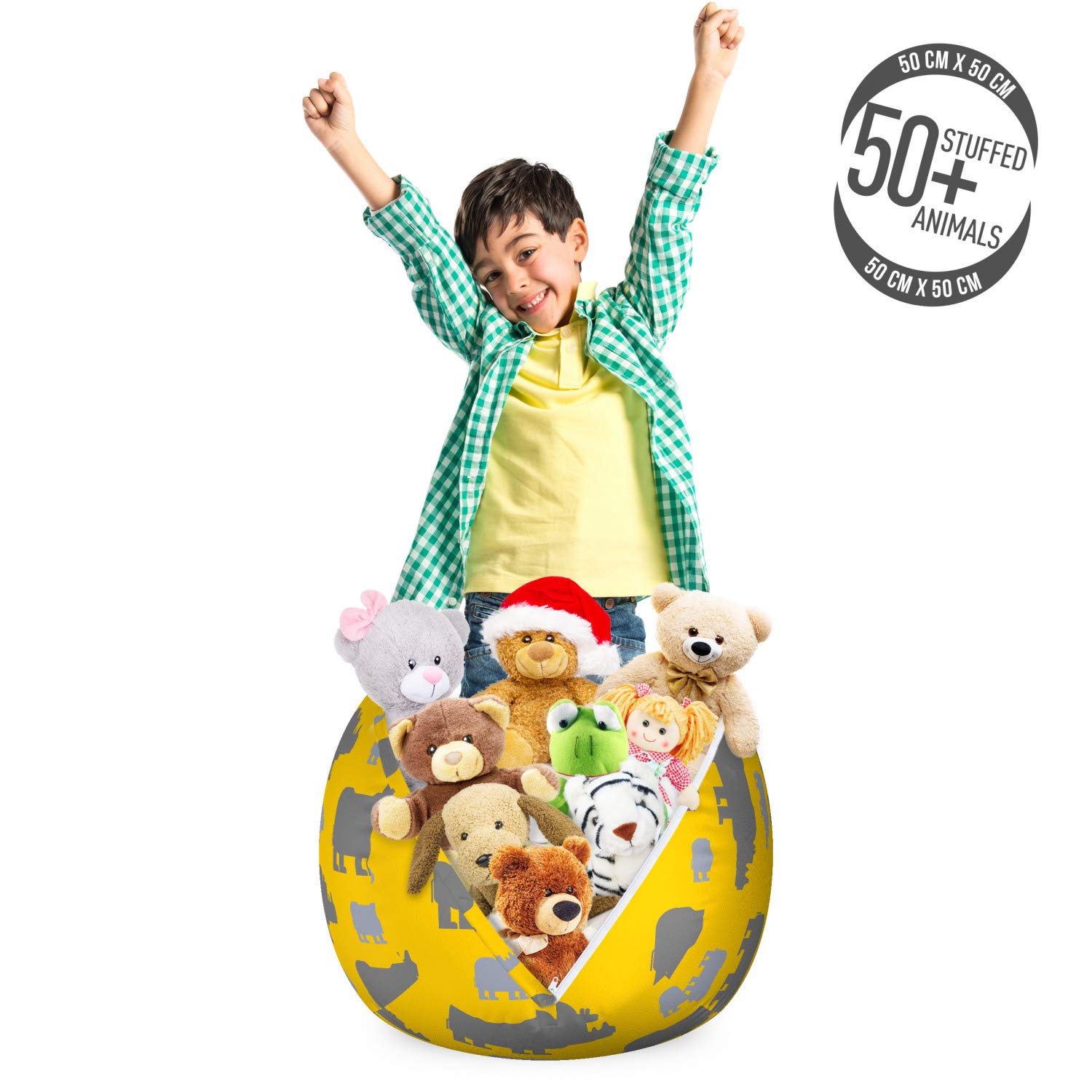 Ambesonne Savannah Storage Toy Bag Chair - Animal Silhouette Wilderness Horned Animals Zoo Pattern - Washable Stuffed Animal Organizer for Kids Room - Small Size in Earth Yellow Blue Grey - Perfect for Playroom, Nursery & Bedroom Organization