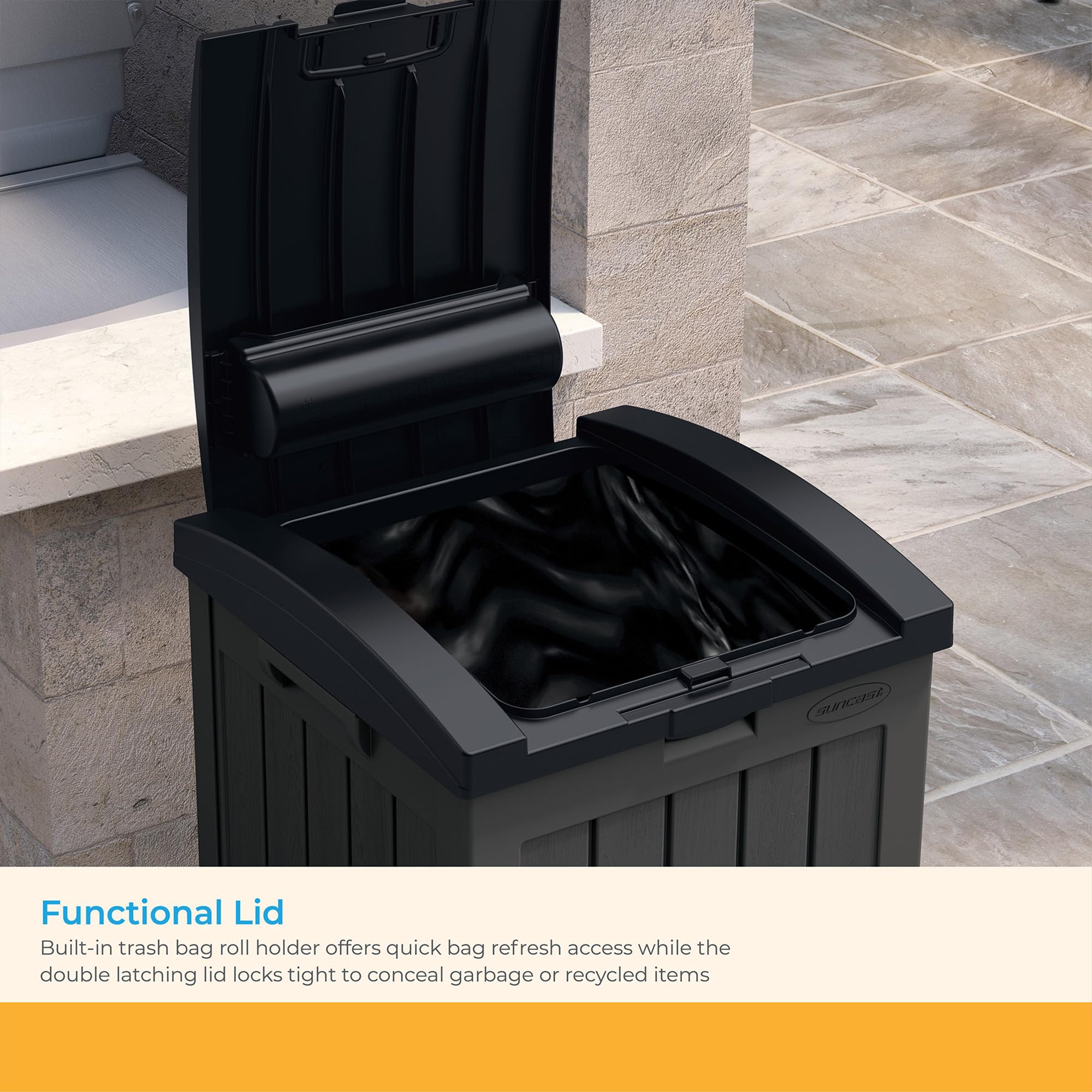 Suncast 39 Gallon Outdoor Trash Hideaway - Peppercorn Deck Waste Bin with Latching Lid, Liquid Tray & Handles | Durable Patio Garbage Can with Trash Bag Holder | Perfect for Backyard, Poolside & Outdoor Entertaining Areas
