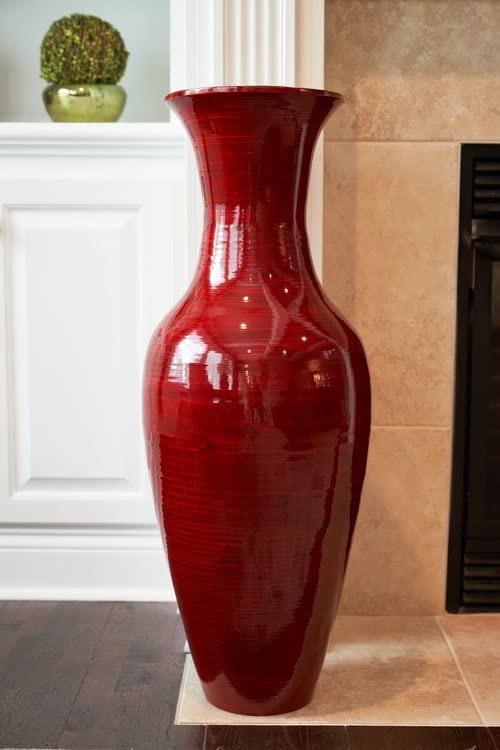 36-Inch Green Floral Classic Bamboo Floor Vase - Handmade Home Decor for Dried Flowers, Branches & Fillers | Elegant Dining Room & Living Room Centerpiece (Mahogany Red) | Perfect for Farmhouse, Boho & Modern Interior Design