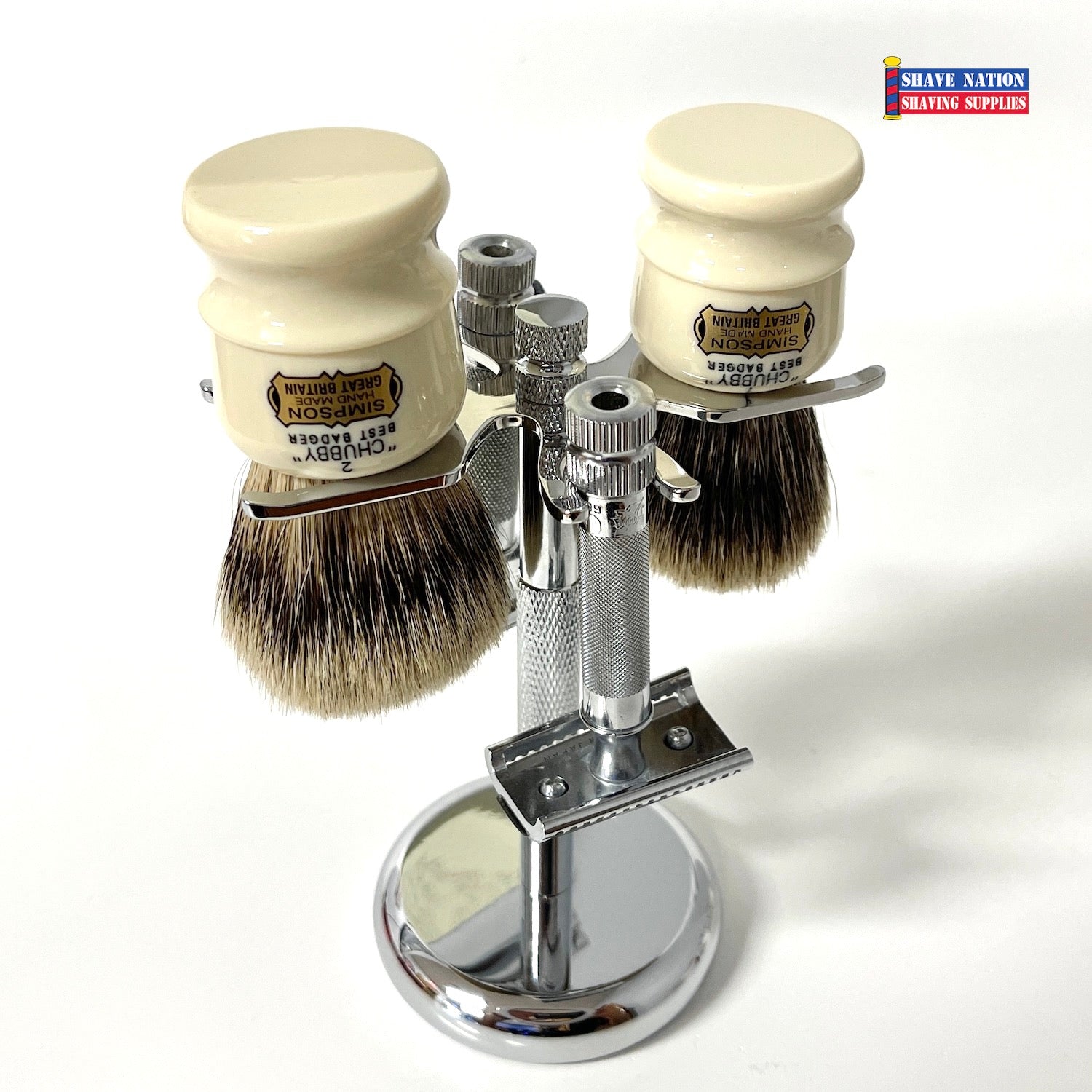 Premium Shave Nation Double Razor & Brush Stand - Universal Holder for Large & Small Shaving Brushes - Perfect for Wet Shaving, Grooming Kits & Bathroom Organization