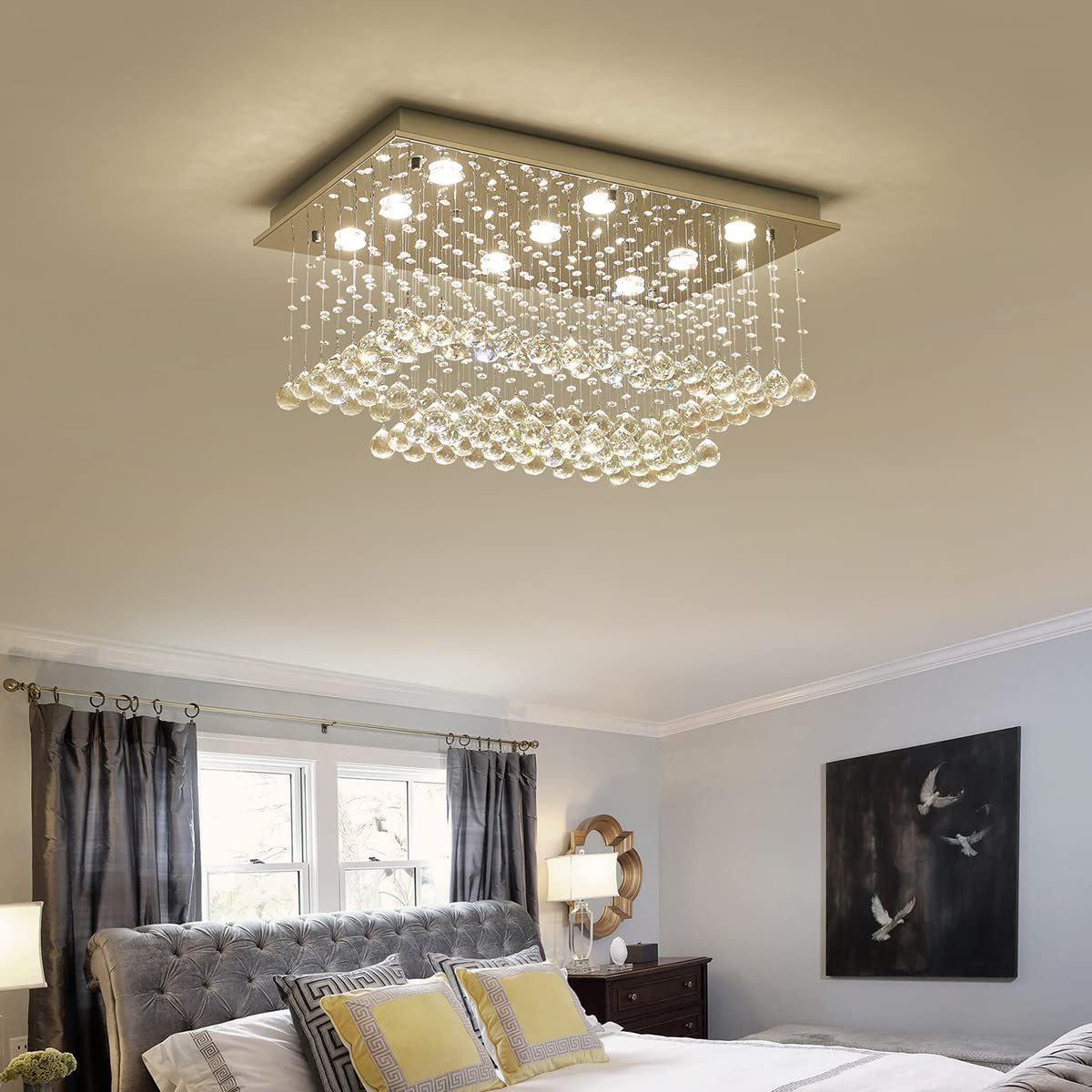 Saint Mossi K9 Crystal Chandelier - 9-Light 2-Tier Modern Flush Mount Ceiling Light Fixture for Bedroom, Dining Room & Living Room (32