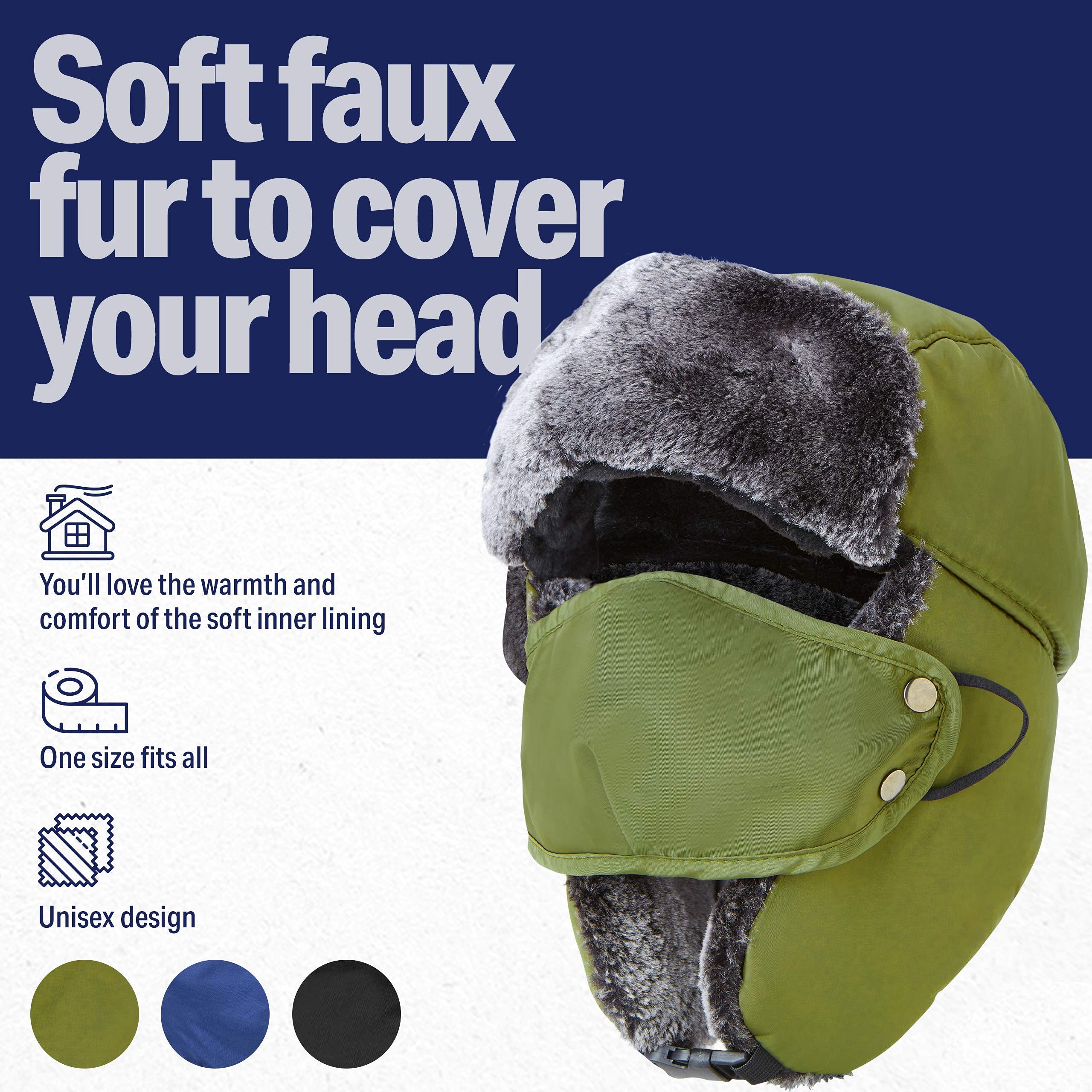 Russian Style Ushanka Winter Hat for Men & Women - Windproof Trooper Trapper Ski Mask - Perfect for Cold Weather, Snowboarding & Outdoor Activities