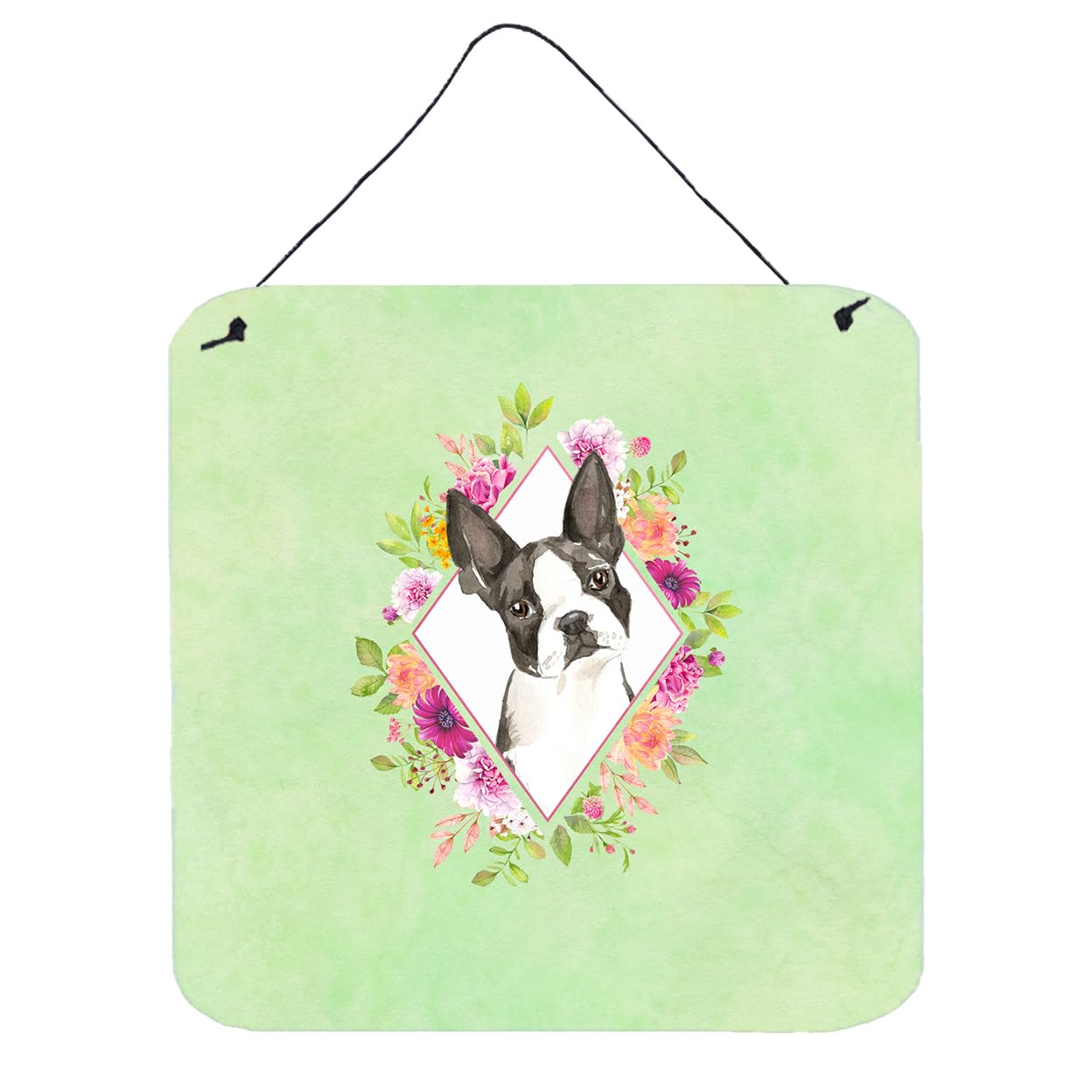 Boston Terrier Green Flowers Metal Wall Art - 6x6 Aluminum Sign for Kitchen, Bar, Bathroom Decor | Dog Lover Gift & Home Decoration | Indoor & Outdoor Use
