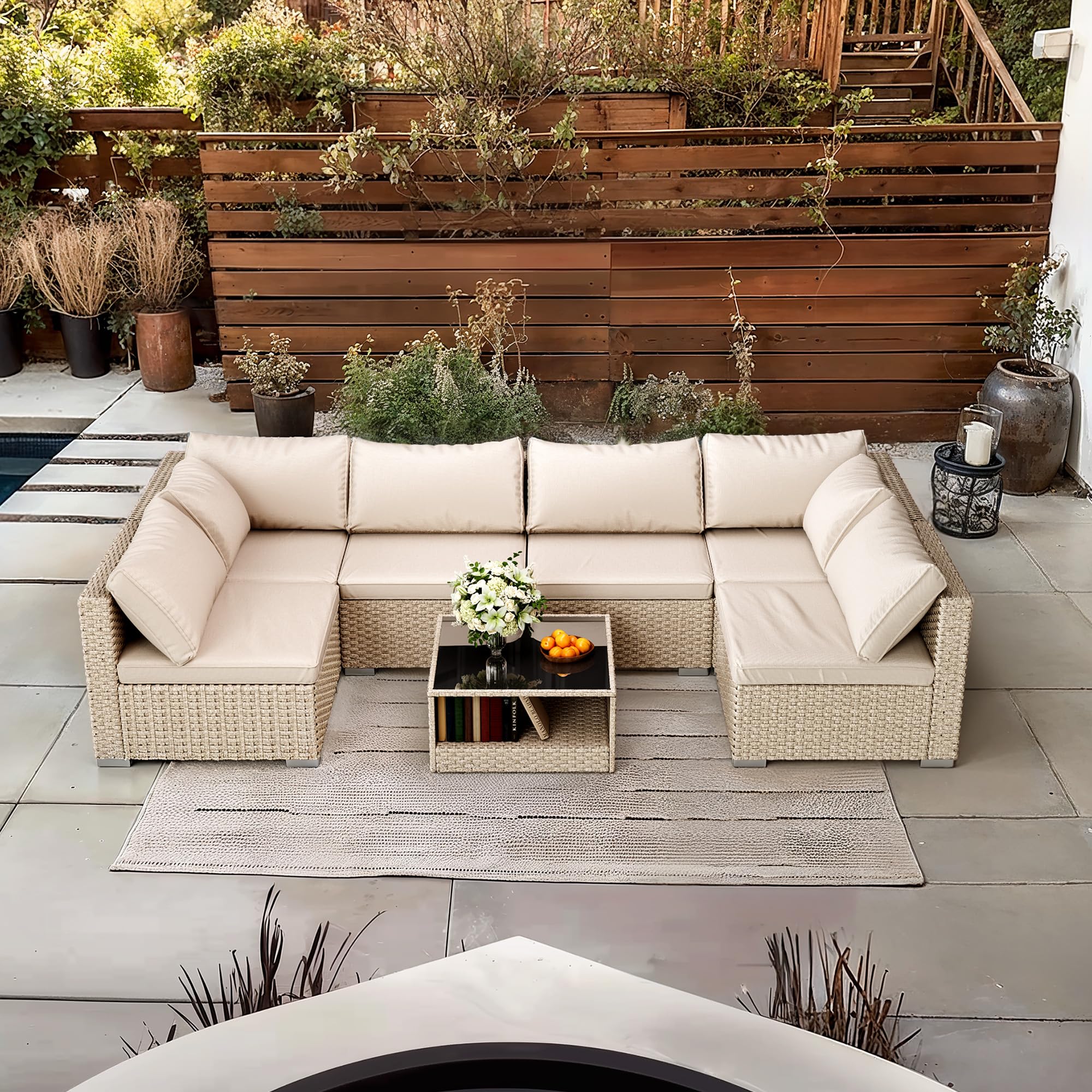 7-Piece Wicker Patio Furniture Set - Outdoor Conversation Sectional Sofa with Waterproof Cushions & Coffee Table, Beige - Perfect for Backyard, Garden, Poolside & Patio Relaxation