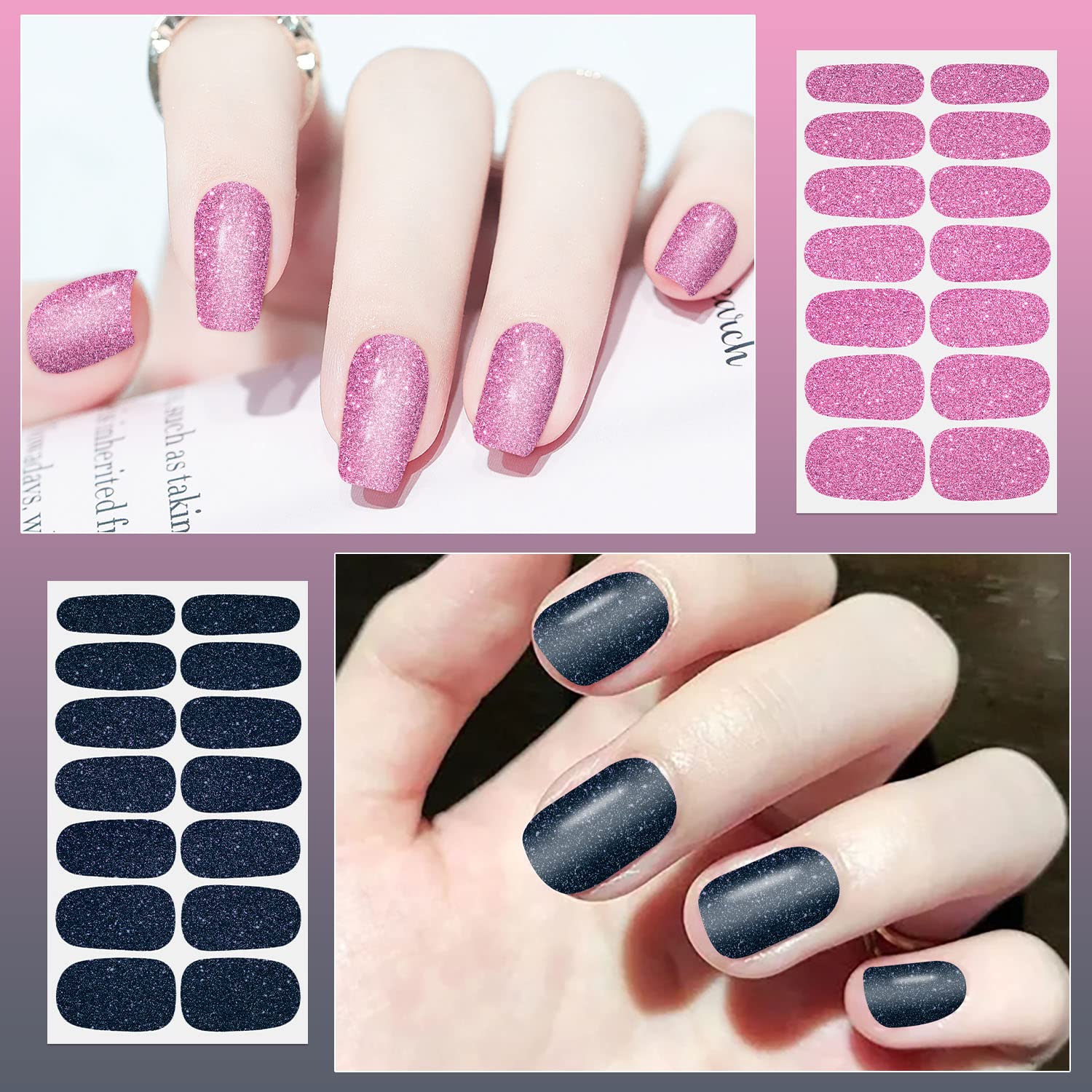 DANNEASY 24 Sheets Glitter Nail Polish Stickers - Self-Adhesive Full Nail Wraps for Women, Gel Nail Strips Manicure Kit with Nail File & Cuticle Stick | Perfect for Parties, Weddings, and Everyday Glam