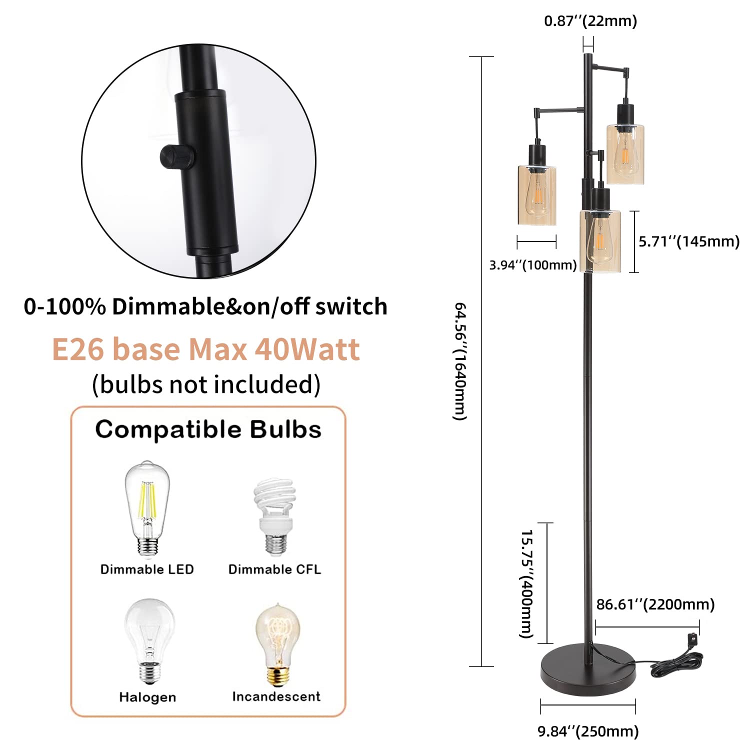 Liylan Farmhouse Floor Lamp - Dimmable Rustic Tree Standing Light with Amber Glass Shade, Oil Rubbed Bronze Finish, 3-Light Tall Pole Lighting for Living Room, Bedroom & Reading Nook | Perfect for Cozy Home Decor & Ambient Lighting