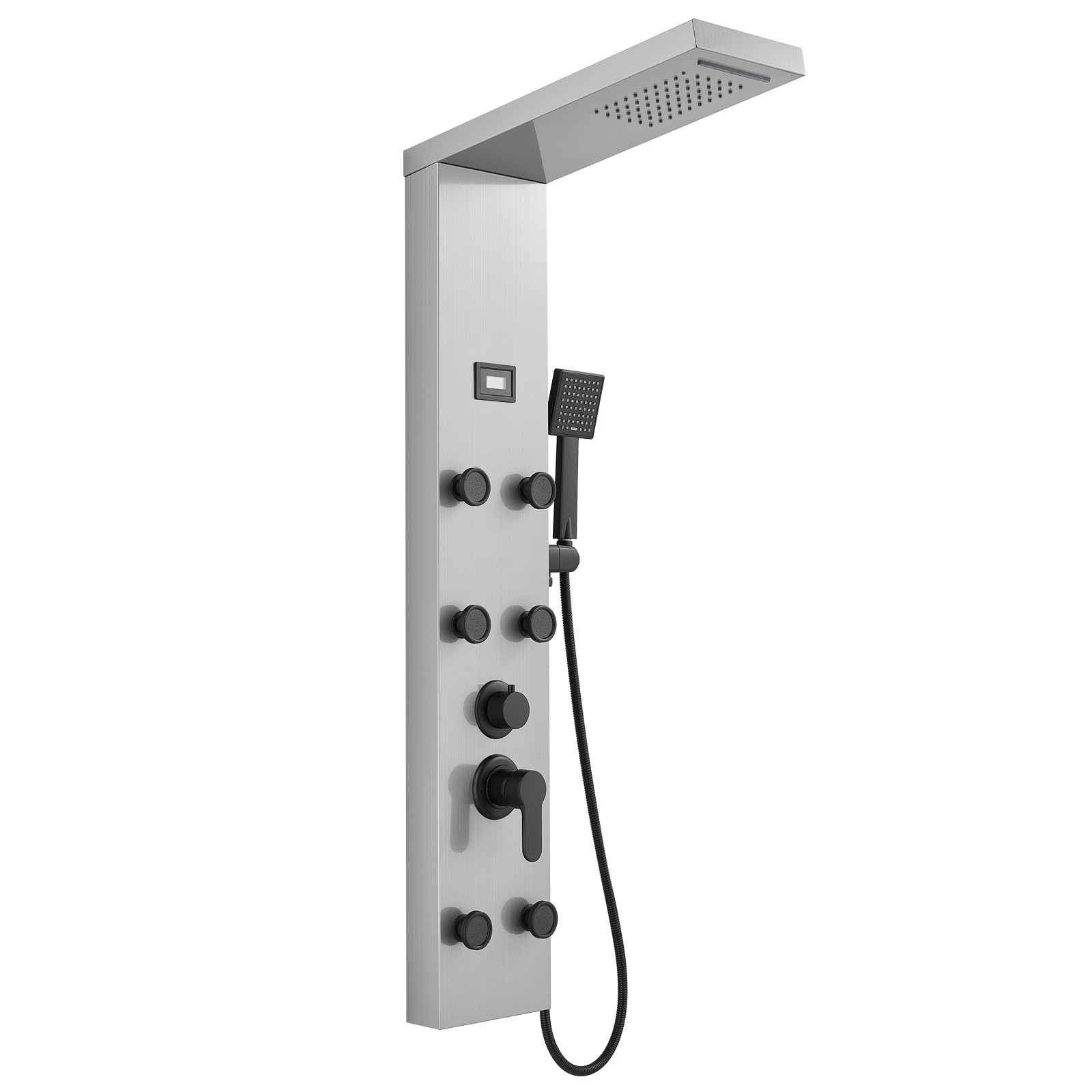 Premium Stainless Steel Shower Panel Tower System with Rainfall & Waterfall Shower Head - 6 Adjustable Body Jets, Hand Shower & Tub Spout - Brushed Nickel Finish for Luxurious Bathroom Upgrade | Perfect for Master Bath, Spa-Like Experience & Modern Home Renovation