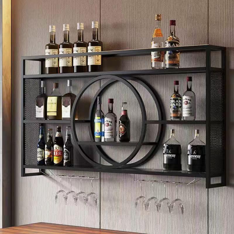3-Tier Wall Mounted Metal Wine Rack with Glass Holder - Large Capacity Bar Shelves for Liquor Bottles - Perfect for Dining Room, Home Bar & Kitchen Decor (Black, 47 Inch) - Ideal for Wine Storage, Entertaining Guests & Space-Saving Organization