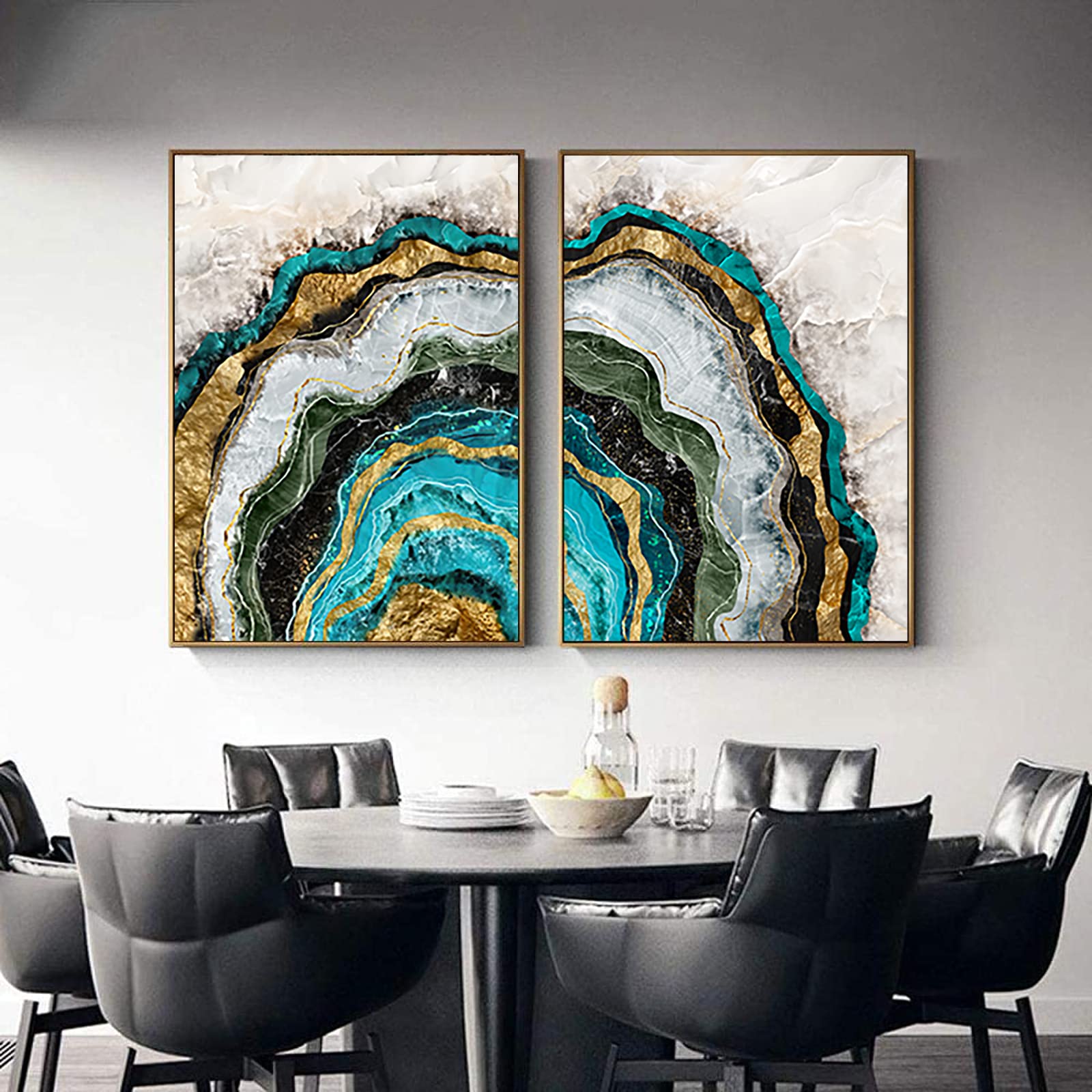 Modern Abstract Dark Green Gold Foil Lines Marble Canvas Wall Art - Set of 2 Unframed 16x24 Inch Prints - Trendy Home Decor for Living Room, Bedroom & Office - Contemporary Abstract Art for Modern Interior Design