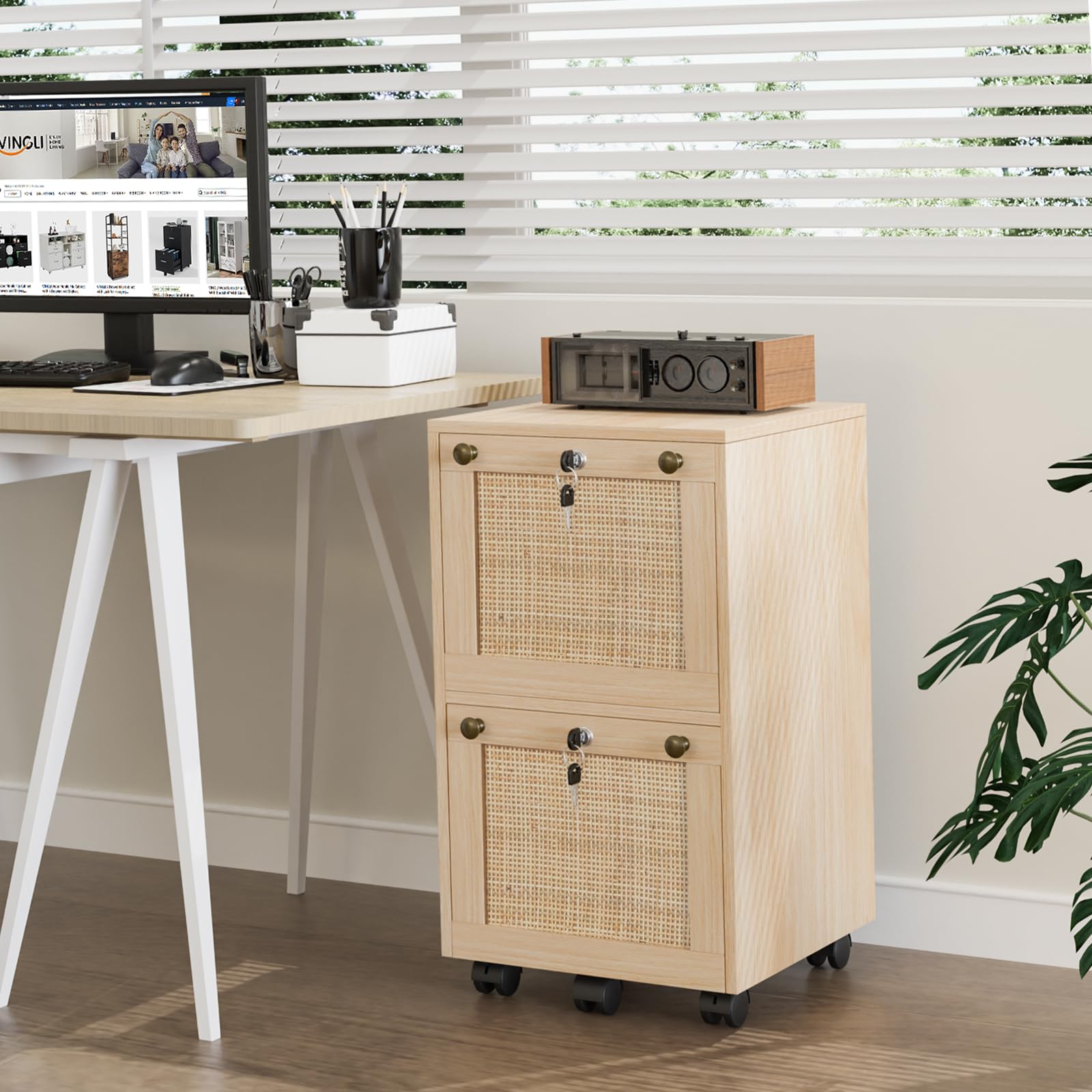 VINGLI 2-Drawer Locking File Cabinet with Wheels - Rolling Office Storage for Home & Workspace, Small Wood Rattan Oak File Organizer Under Desk, Printer Stand for Folders with Tabs - Perfect for Home Office, Study Room & Small Business Organization