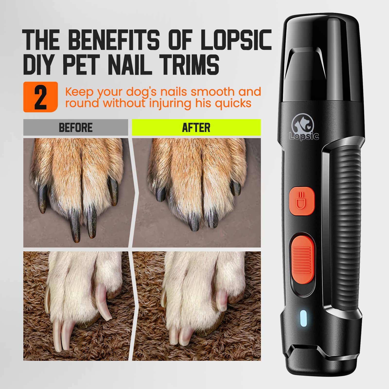 Super Quiet Rechargeable Dog Nail Grinder with 2 LED Lights - 2 Speed Electric Pet Nail Trimmer for Small, Medium & Large Dogs & Cats | Low Vibration Claw Care Tool for Stress-Free Grooming at Home