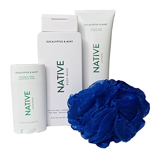 Organic Eucalyptus & Mint Body Care Set for Women & Men - Sulfate Free, Paraben Free, Dye Free Natural Lotion, Deodorant & Body Wash with Loofah | 32 Fl Oz 4-Piece Gift Set | Perfect for Spa Day, Travel & Eco-Friendly Home Use