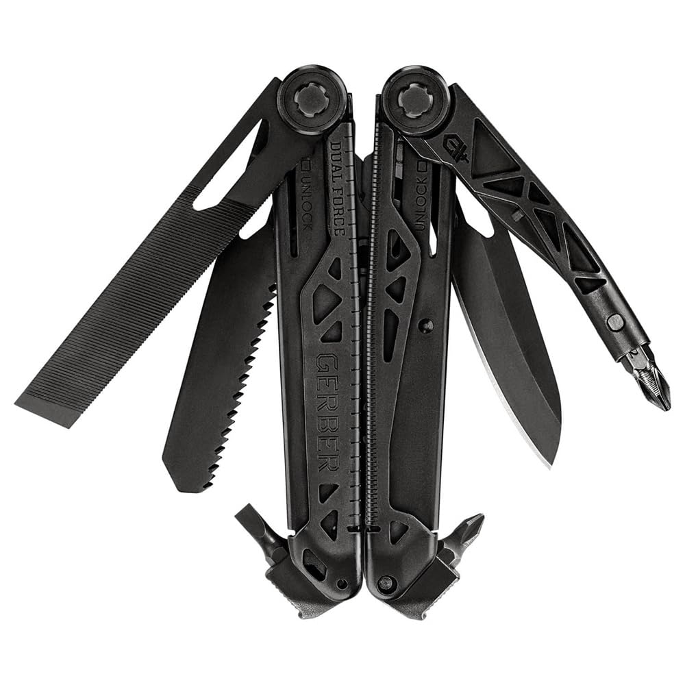 Gerber Gear Dual-Force Multitool - Heavy Duty Black Multi-Tool with Center Axis Driver, Blunt Nose Pliers, Saw & Wire Cutters - Perfect for Camping, Hiking, Survival & DIY Projects