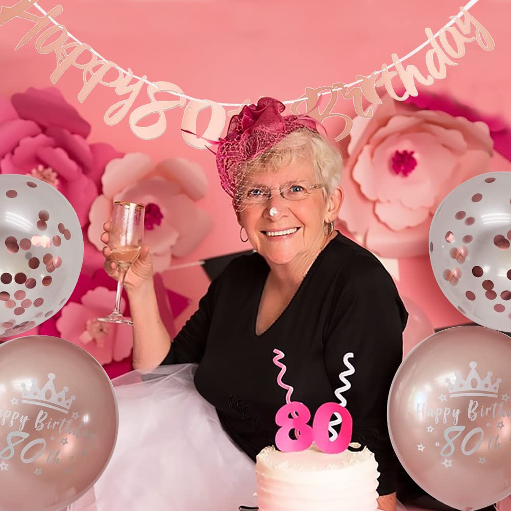 80th Birthday Decorations for Women - Rose Gold Happy Birthday Banner with 12 Pack 12