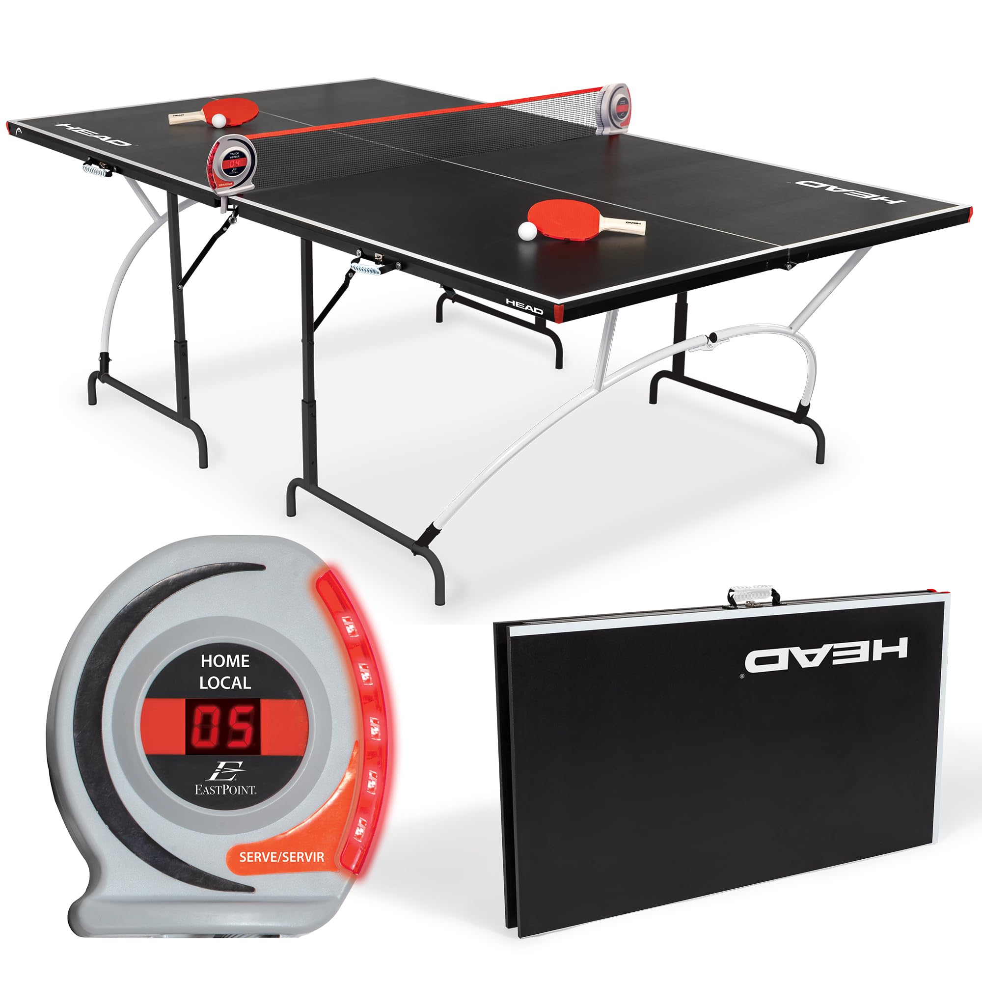 HEAD Easy Setup Ping Pong Table with Electronic Scorer - Foldable Table Tennis Table for Kids & Adults - Includes 2 Paddles & 3 Balls - Perfect for Game Rooms, Basements & Backyard Fun