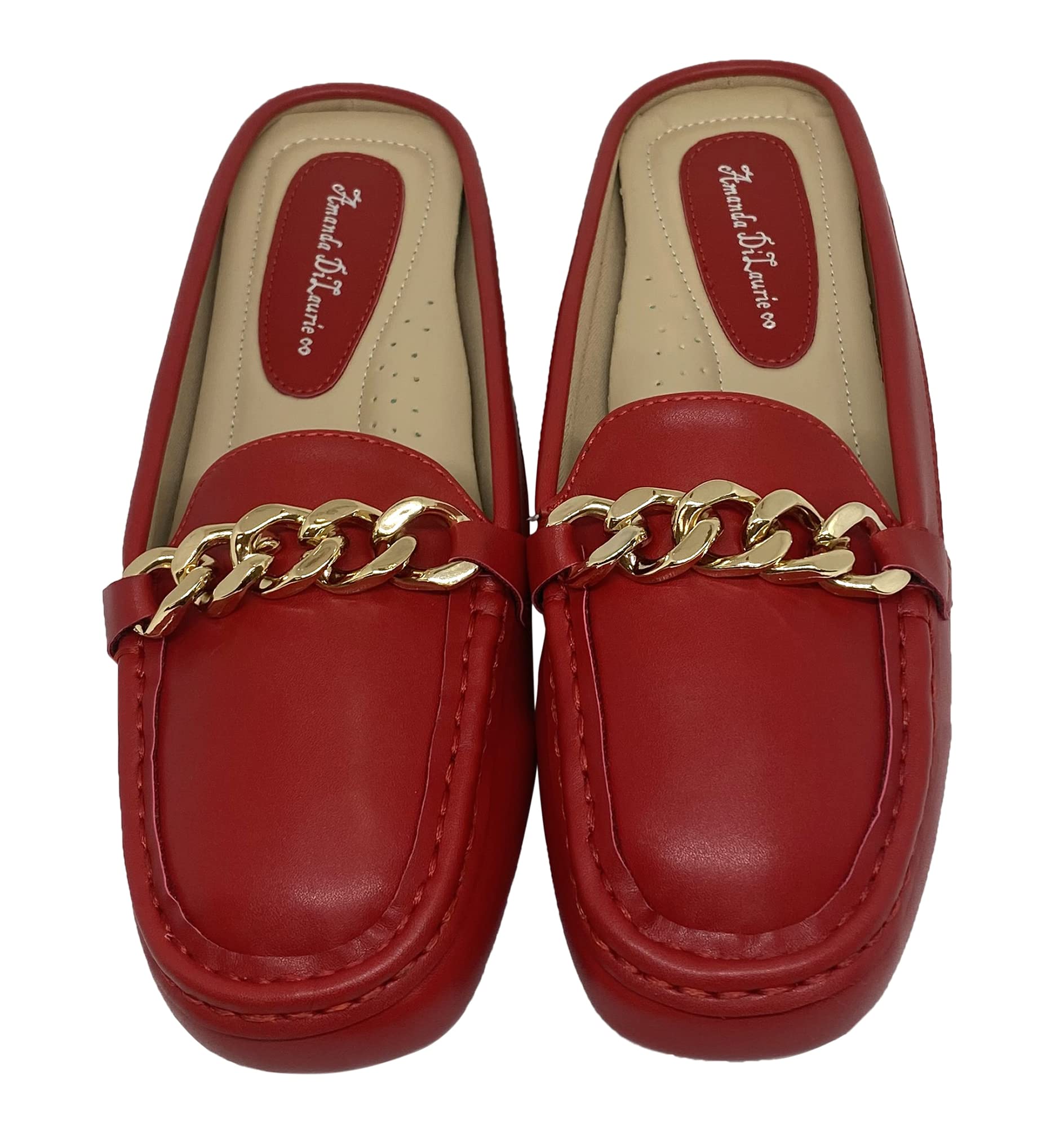 Amanda DiLaurie Women's Slip-On Mules with Gold Chain - Comfortable Backless Flats for Casual Wear, Office & Outings