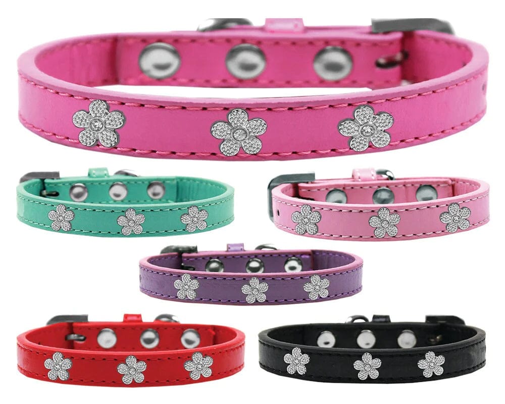 Stylish Silver Flower Dog Collar - Adjustable Pet Collar for Small Medium Large Dogs - Perfect for Daily Walks, Training & Fashion Accessories
