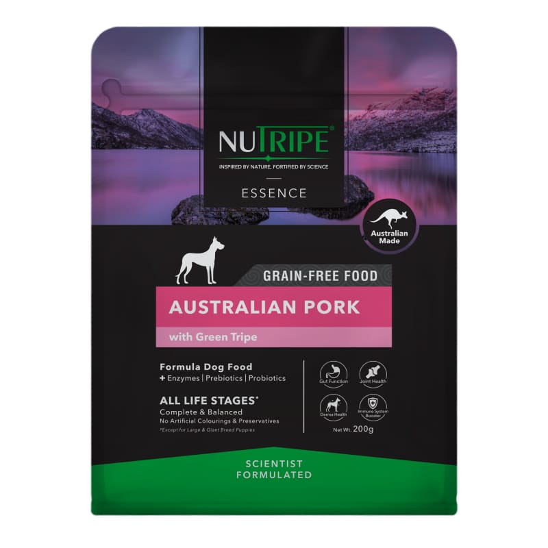 Nutripe Essence Australian Pork with Green Tripe Dry Dog Food - 200g Trial Bag | High Protein Grain-Free Formula for Adult Dogs | Perfect for Training Treats & Travel Snacks
