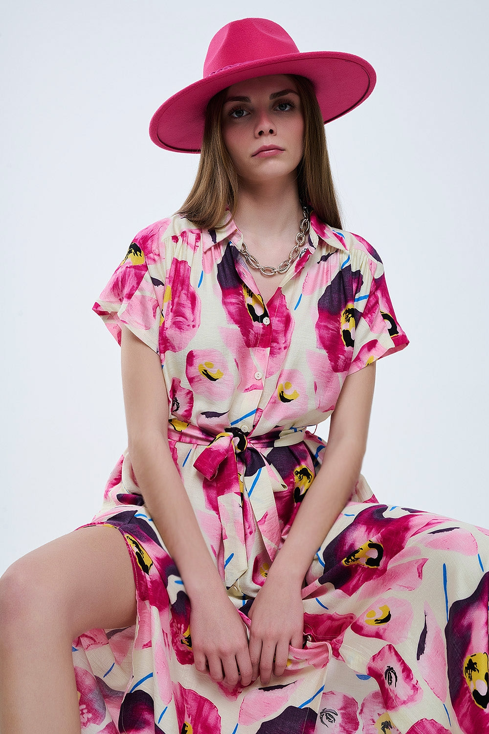 Fuchsia Floral Print Button Down Shirt Dress - Women's Casual Summer Dress for Beach, Vacation & Lounge Wear