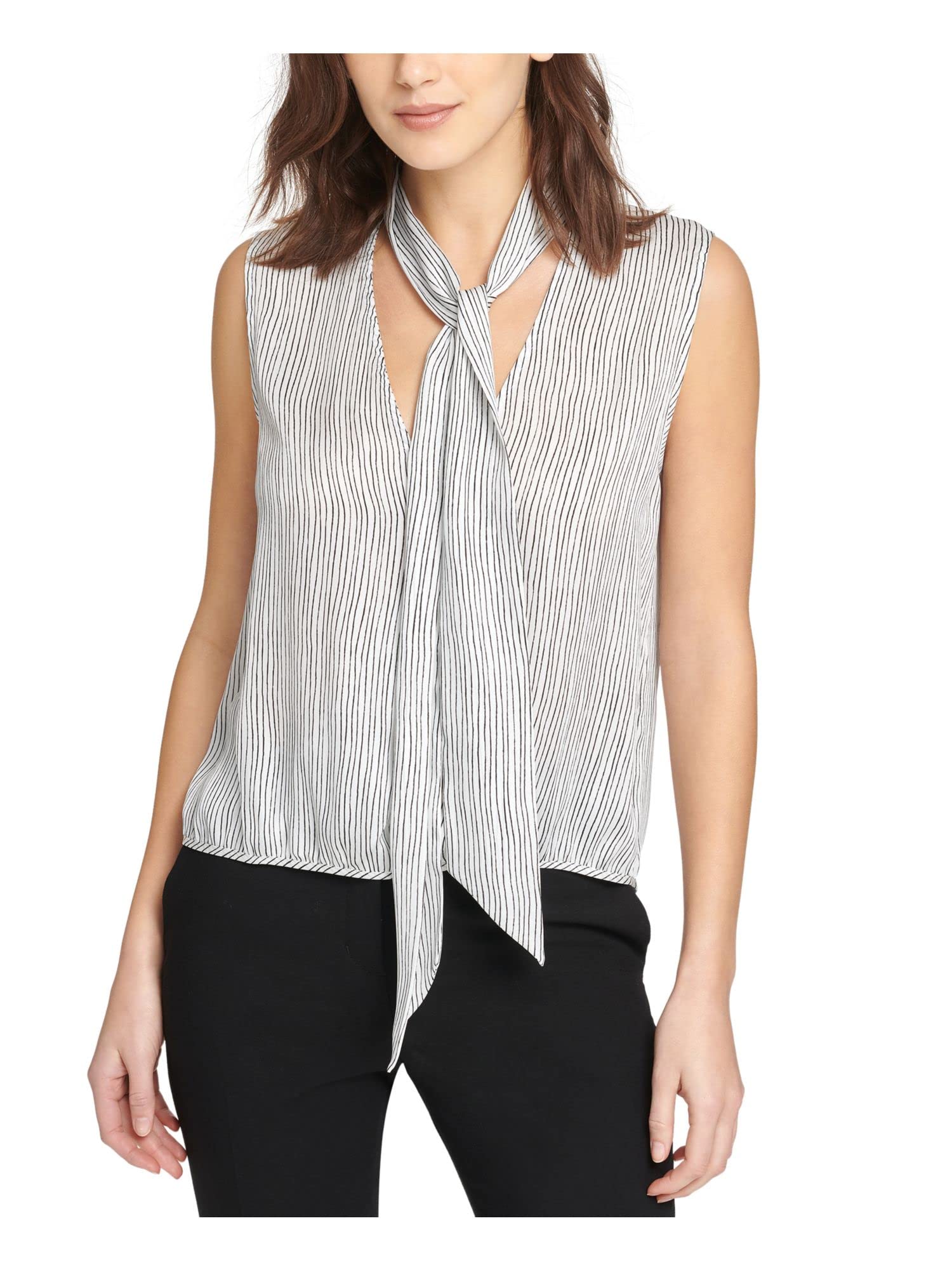 DKNY Women's White Pinstripe Sleeveless Tie Neck Blouse - Work Office Wear, Business Casual Top, Plus Size XL for Professional Women