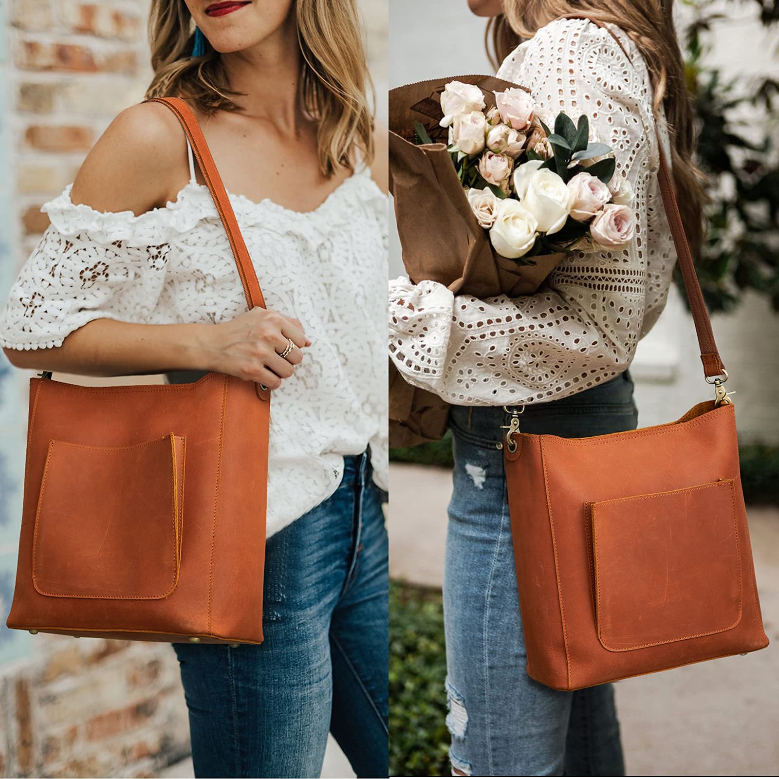 S-ZONE Genuine Leather Tote Bag for Women with Matching Distressed Shoulder Bucket Purse - Stylish Handbag Set for Work, Travel & Everyday Use