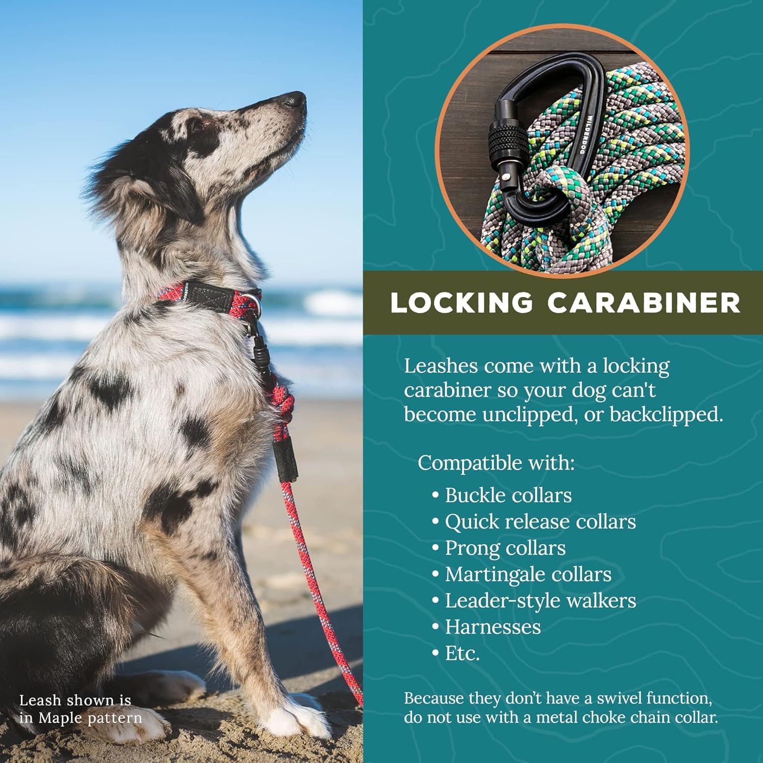 Wilderdog Heavy Duty Carabiner Climbing Rope Dog Leash - 5ft Adjustable Lead for Medium & Large Dogs - Rainbow Reflective Outdoor Walking & Hiking Accessories