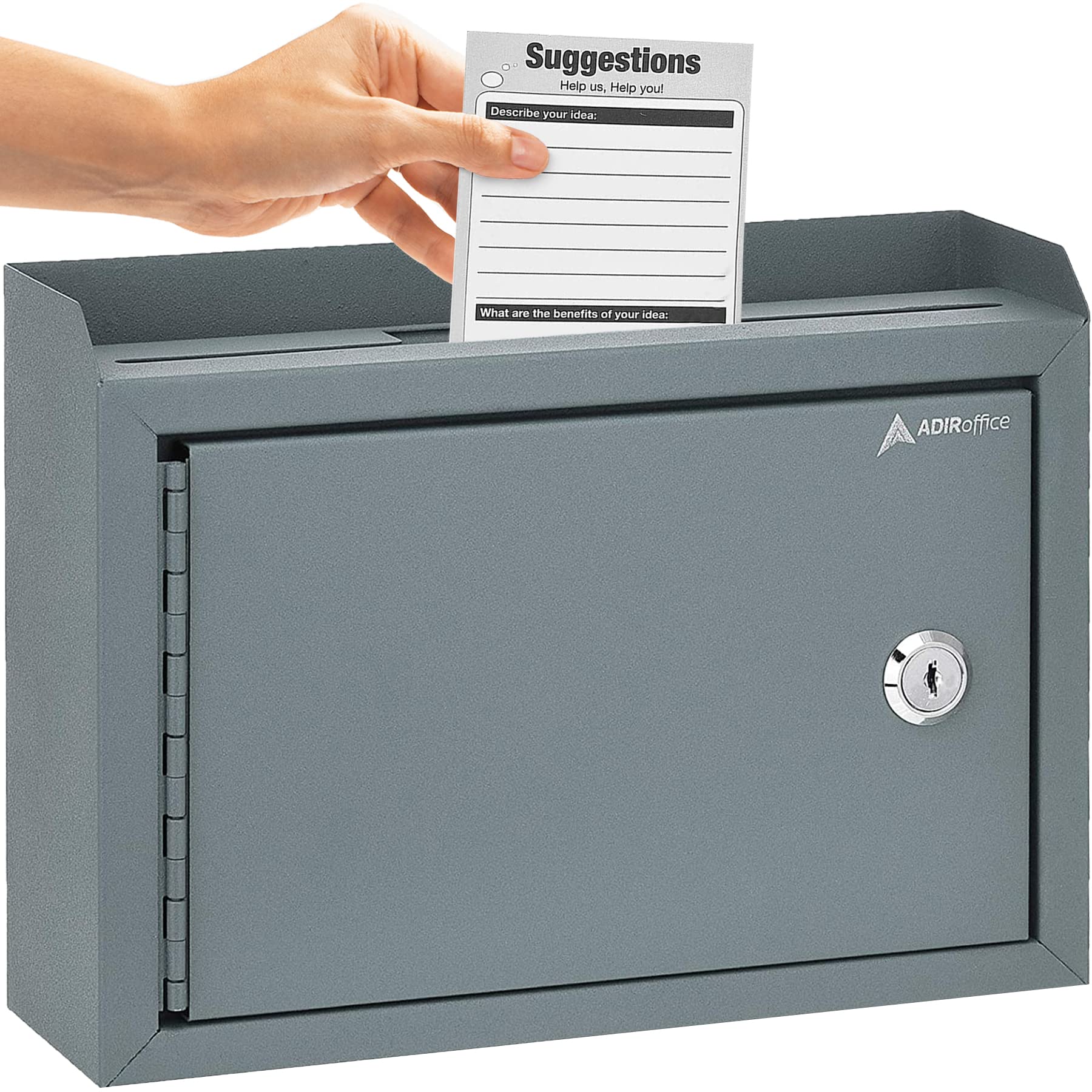 Adir Locking Suggestion Box with Money Slot - Secure Cash Drop Box for Donations, Tips & Payments - 9.8x7.5x3.4 Inch Wall Mount Metal Deposit Box in Gray - Ideal for Offices, Retail Stores & Community Centers