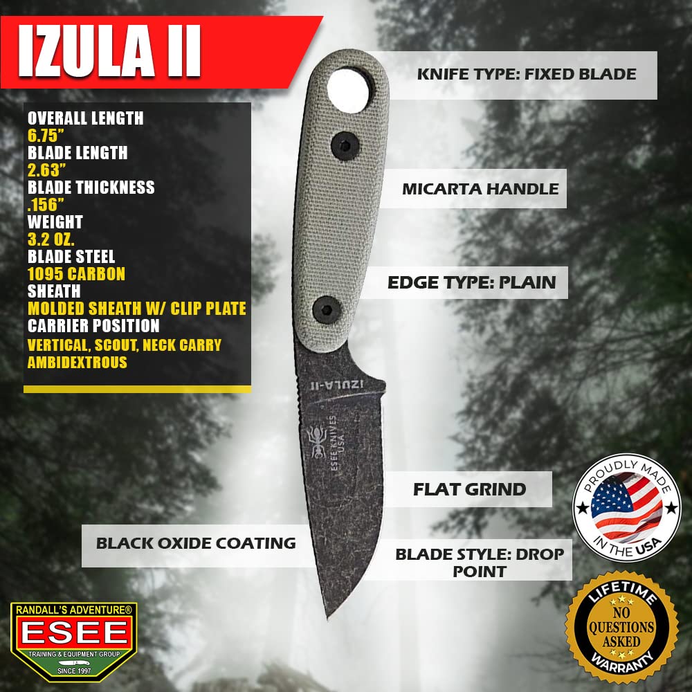 ESEE Izula-II Fixed Blade Knife - Black Oxide Coated with Micarta Handle & Molded Sheath | Survival Knife, Camping, Hunting, Outdoor EDC
