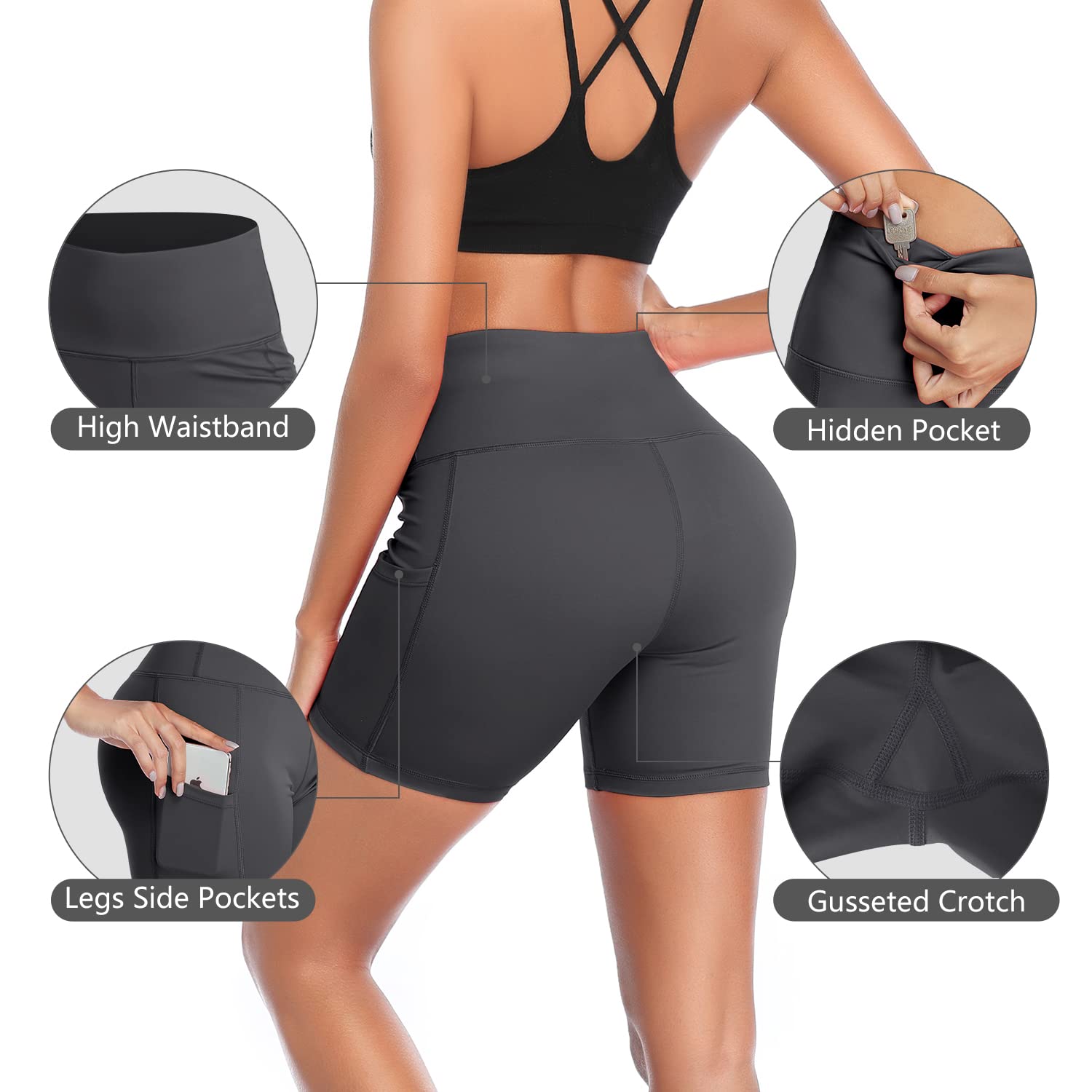 DAYOUNG Women's High Waist Yoga Shorts with Tummy Control - Workout Biker Running Athletic Compression Shorts with Pockets for Gym, Yoga & Outdoor Activities