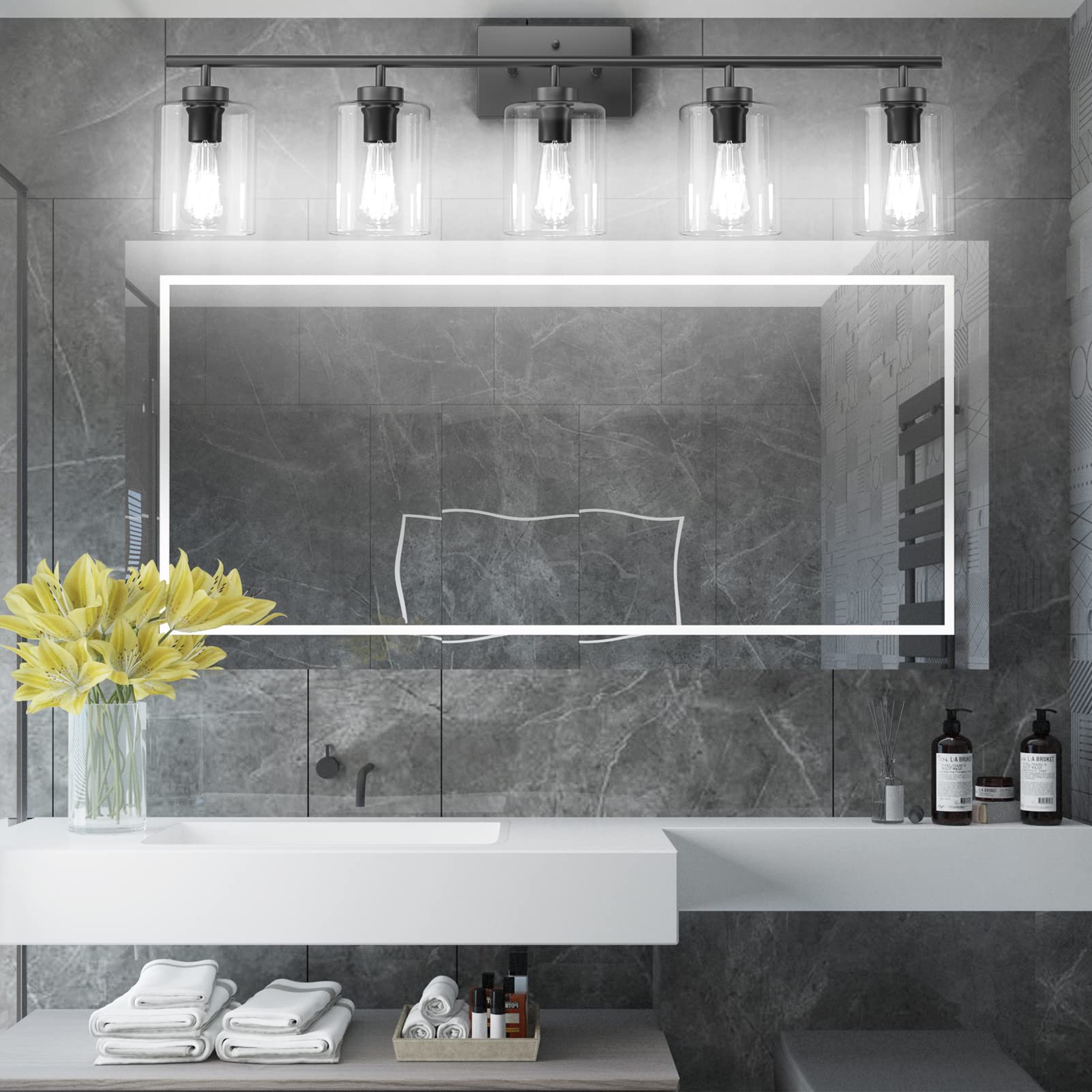 Aipsun 5-Light Black Vanity Light Fixture with Clear Glass Shades - Industrial Wall Sconce for Bathroom Mirror Lighting (Bulbs Not Included) - Perfect for Modern Bathroom, Bedroom, or Dressing Room Decor