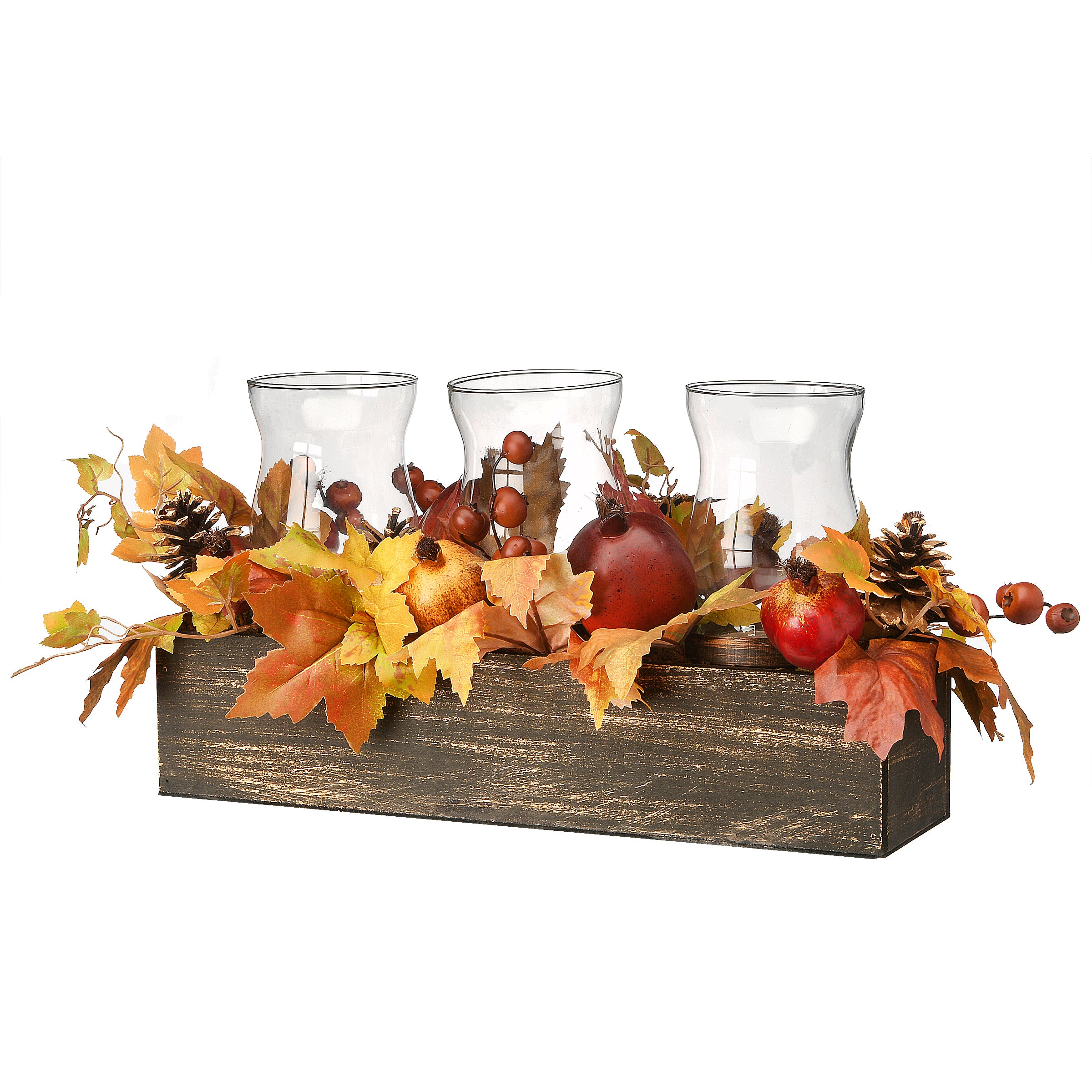 24 Inch Fall Centerpiece with Maple Leaves, Pomegranates & Pine Cones - Holds 3 Candles for Thanksgiving, Autumn Table Decor & Seasonal Home Decoration