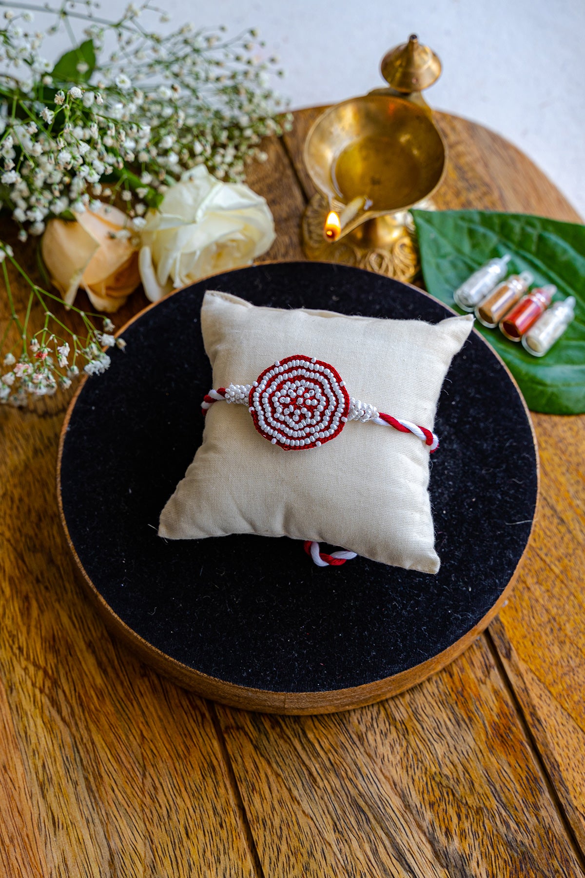 Red Carnation Embroidered Rakhi Bracelet - Traditional Indian Raksha Bandhan Gift for Brother - Perfect for Hindu Festivals & Sibling Celebrations