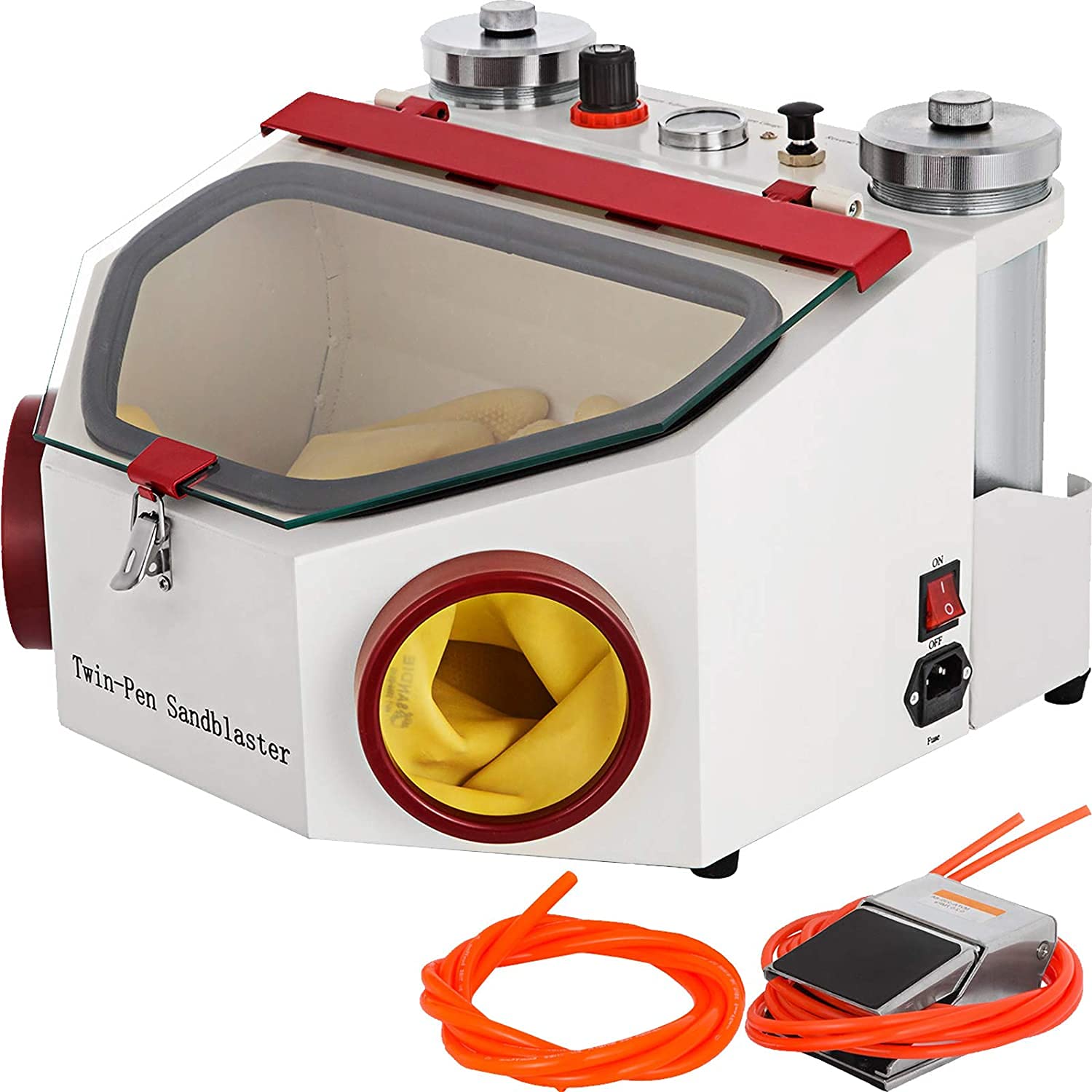 50W EustomA Twin Double Pen Fine Sandblaster with LED Lamp - Professional Lab Equipment for Metal Bottles | Perfect for Dental, Jewelry & Industrial Sandblasting Applications