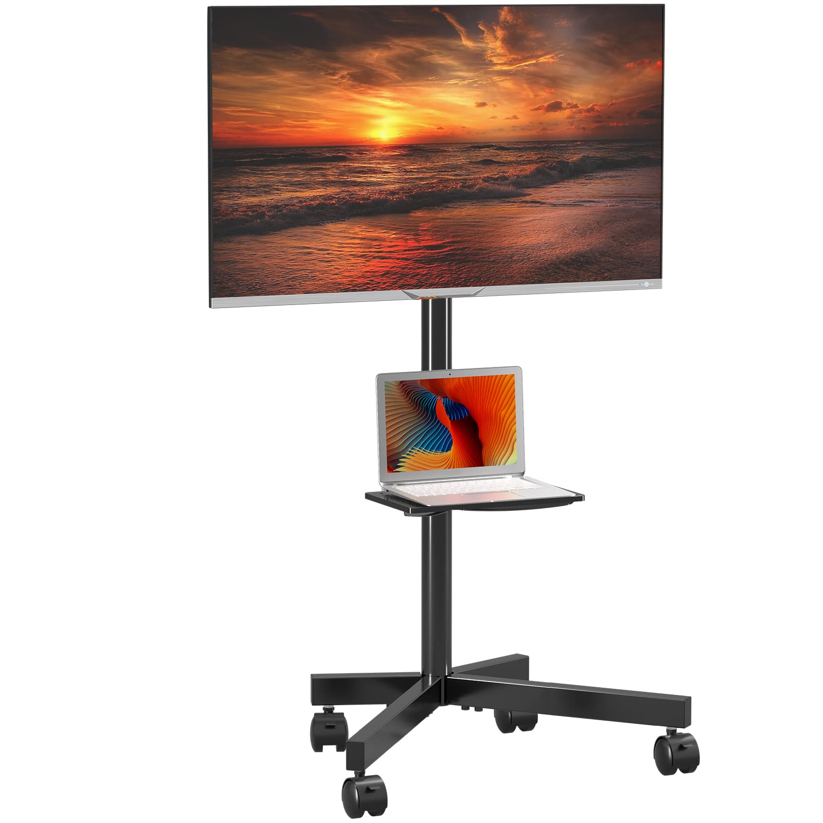 Height Adjustable Mobile TV Cart with Wheels for 21-60 Inch Flat/Curved Screens - Heavy Duty Floor Stand with Shelf (77lbs Capacity) - Max VESA 400x400mm - Perfect for Hospitals, Schools & Home Entertainment