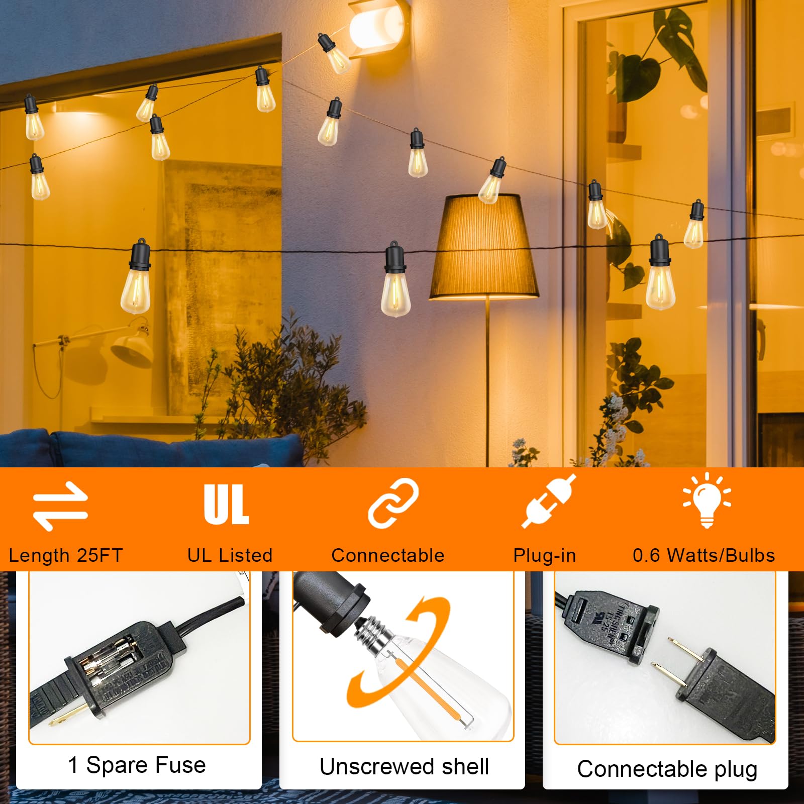 25Ft LED Outdoor String Lights with 13 Shatterproof Edison Bulbs (1 Spare Included) - Waterproof Commercial Grade Patio Lights for Porch, Deck, Backyard, Garden - Perfect for Weddings, Parties & Outdoor Decorations