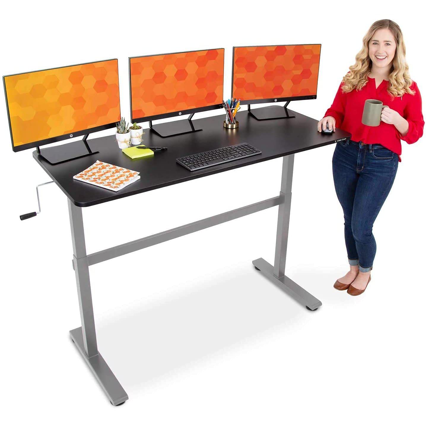 Tranzendesk 55 Inch Adjustable Standing Desk - Electric Height Adjustable Sit to Stand Workstation with Crank Handle | Ergonomic Home Office Desk for 3 Monitors | Perfect for Remote Work, Gaming & Study (Black Top/Silver Frame)