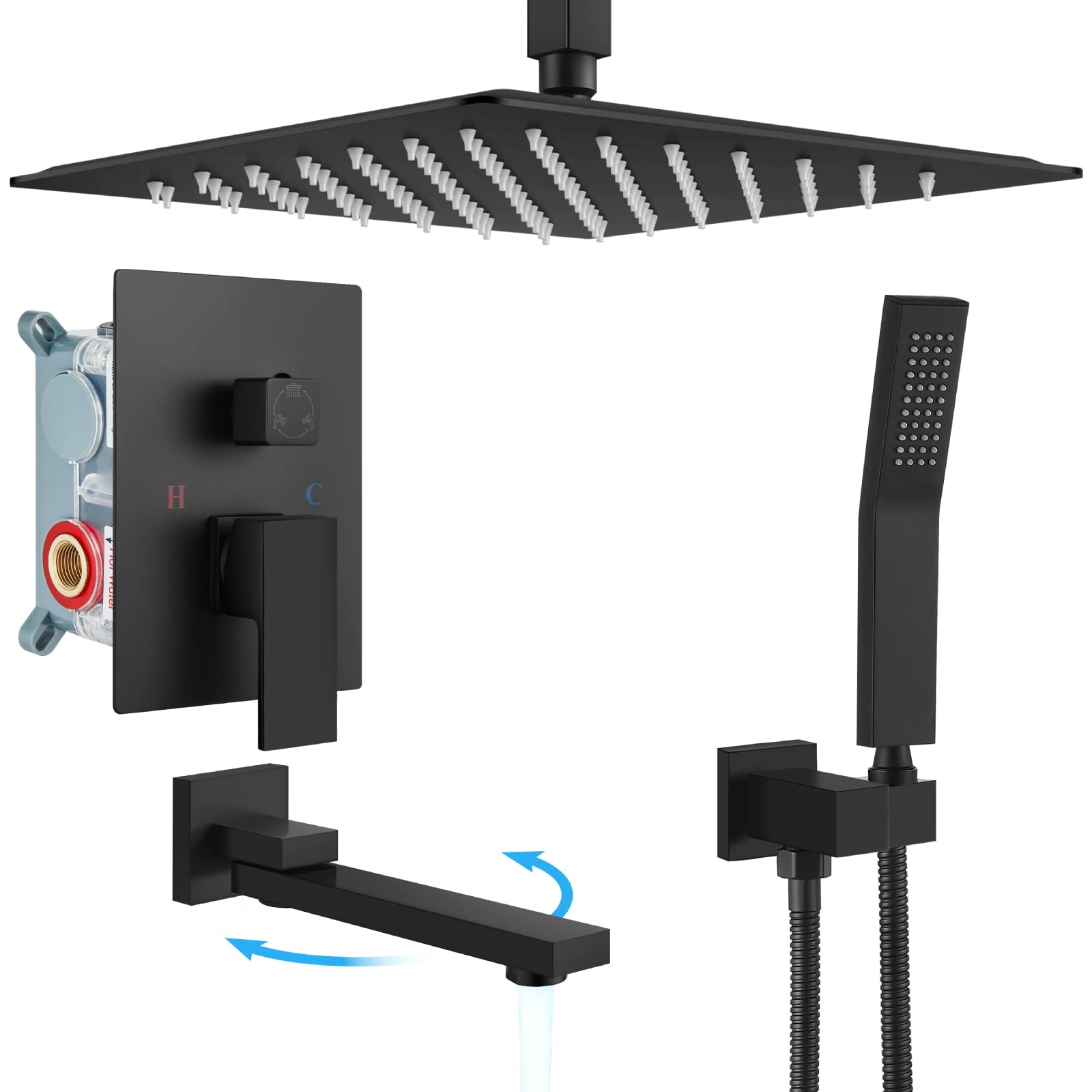 Gotonovo 12 Inch Matte Black Ceiling Mount Shower System - Triple Function Bathroom Shower Faucet Set with Tub Spout, High Pressure Square Rain Showerhead & Hand Shower - Perfect for Modern Bathroom Renovations and Spa-Like Shower Experience