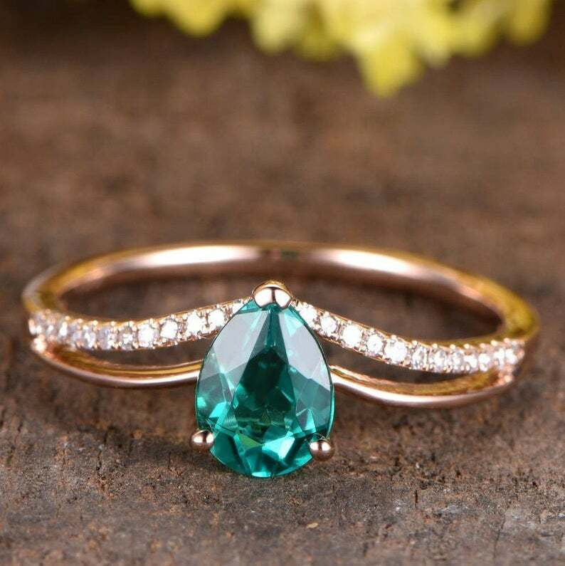 Pear Cut Emerald Engagement Ring 14K Yellow Gold Handmade Diamond Ring Split Shank Stacking Band - Gemstone Promise Ring for Anniversary, Wedding, Proposal & Special Occasions