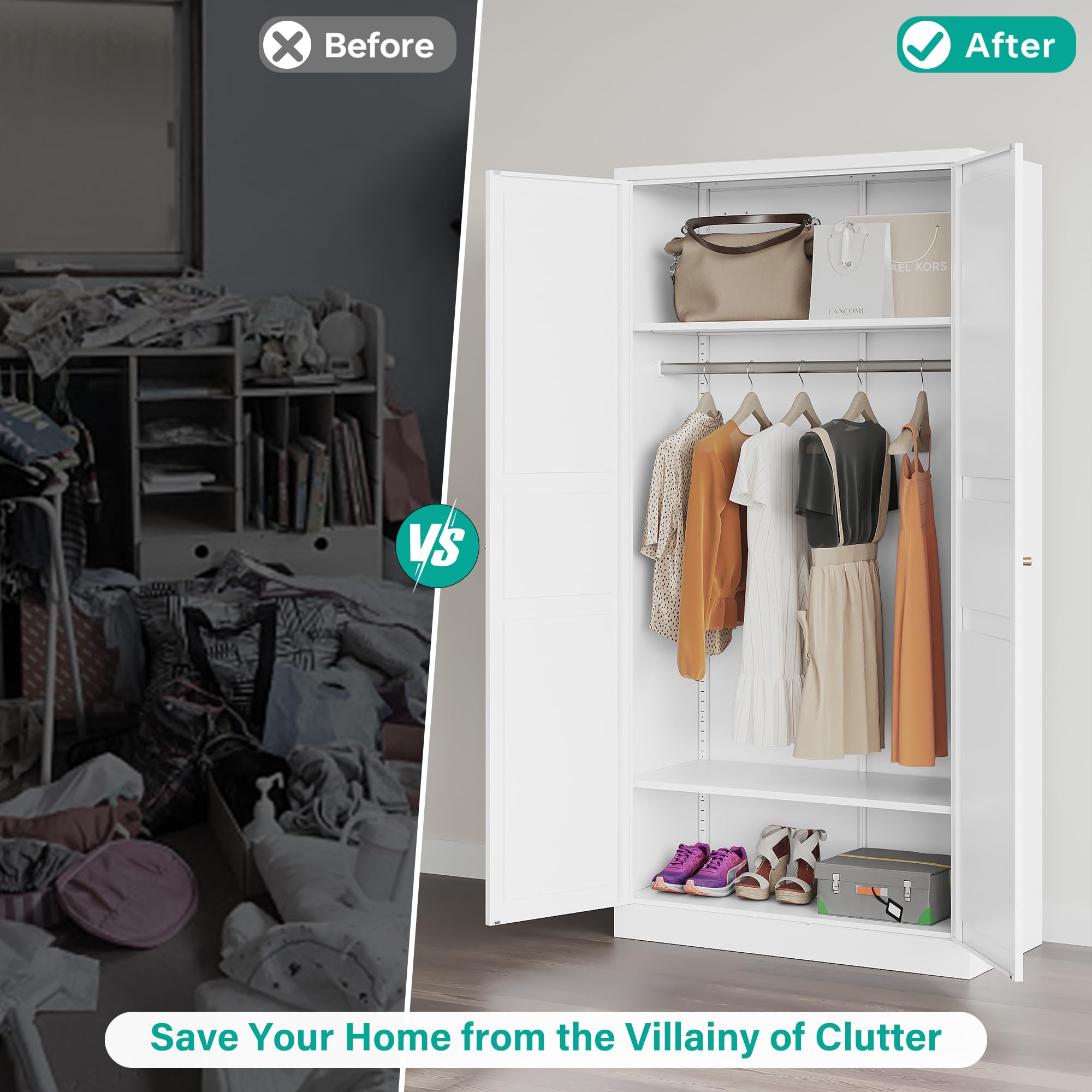 White Metal Armoire Wardrobe Closet with Doors - 72