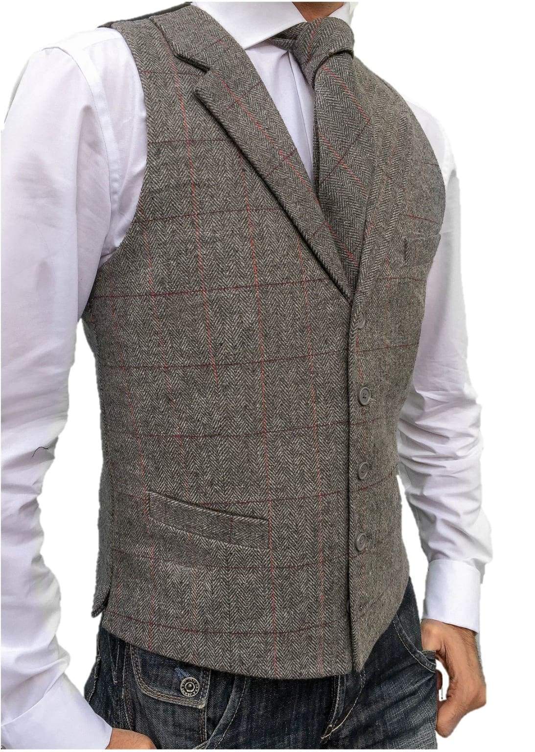 L.A. Smith Grey Check Lapel Tweed Waistcoat for Men - Classic Vintage Style Vest for Formal Occasions & Office Wear