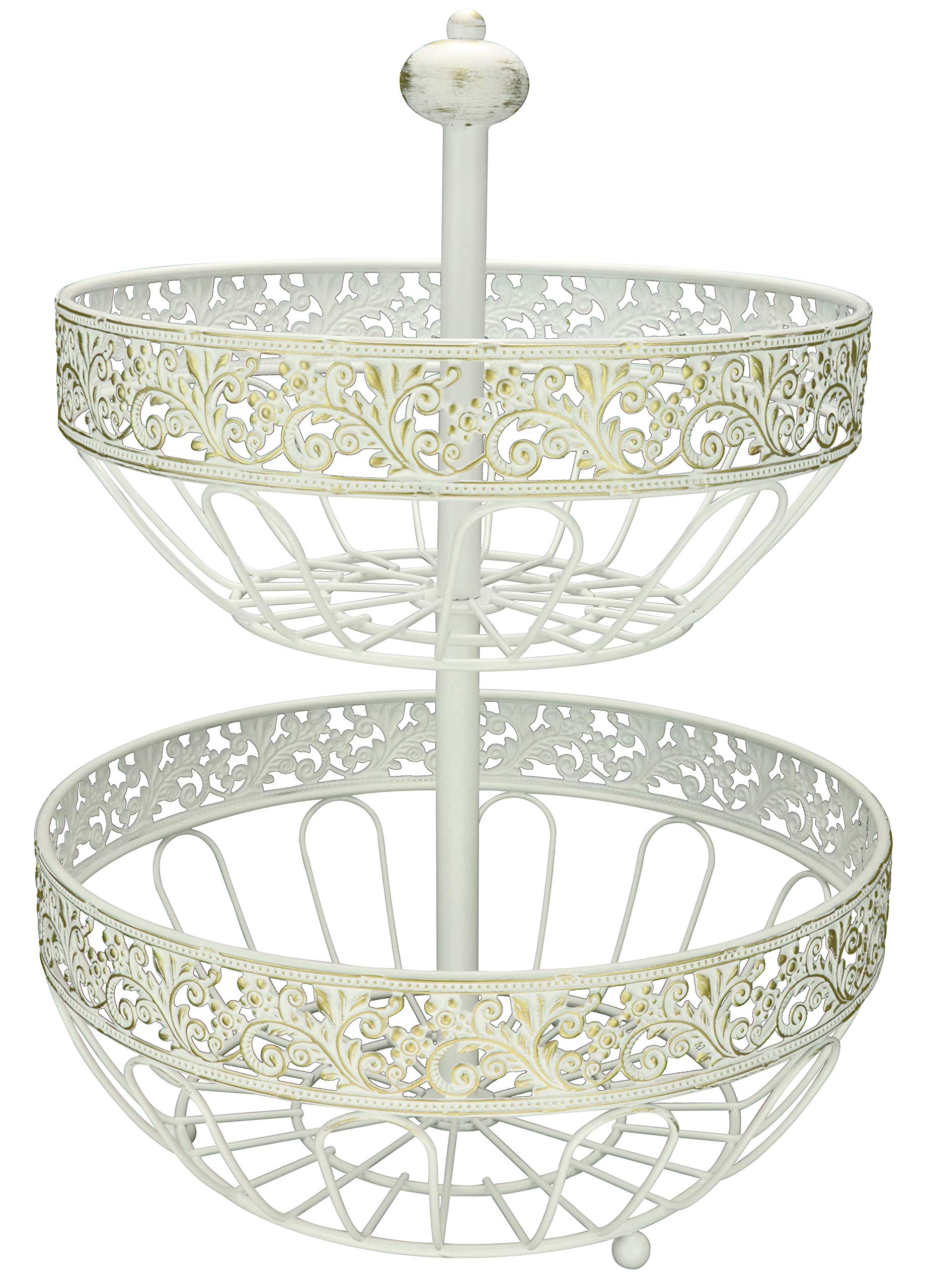 ROSYLINE 2 Tier Fruit Basket - White Brushed Bronze Kitchen Storage Organizer for Fruits, Vegetables, Snacks | Perfect for Countertop, Dining Table, Living Room & Pantry Organization