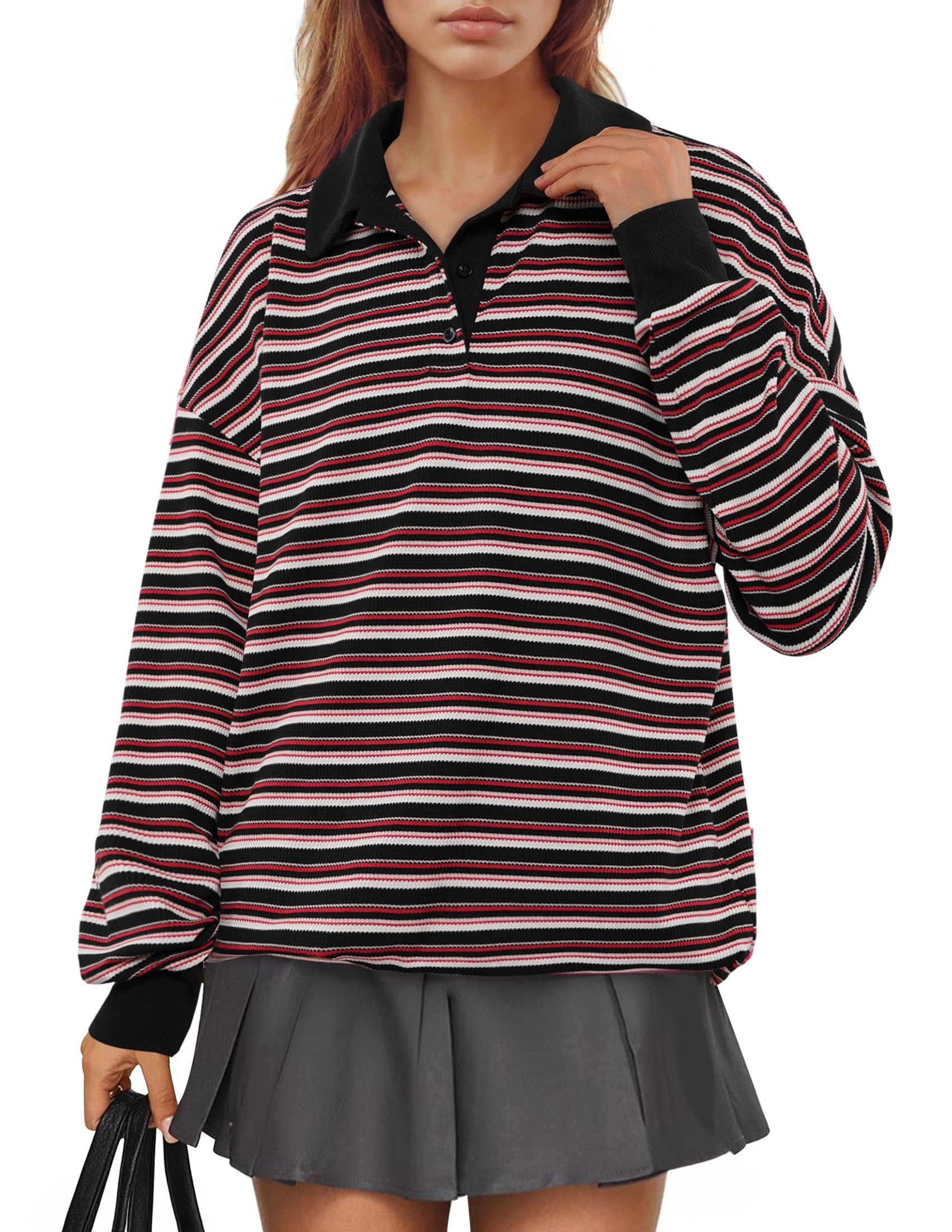NENONA Women's Long Sleeve Oversized Button Down Shirt - Striped V-Neck Lightweight Waffle Knit Henley Top for Casual Wear, Layering & Fall Outfits