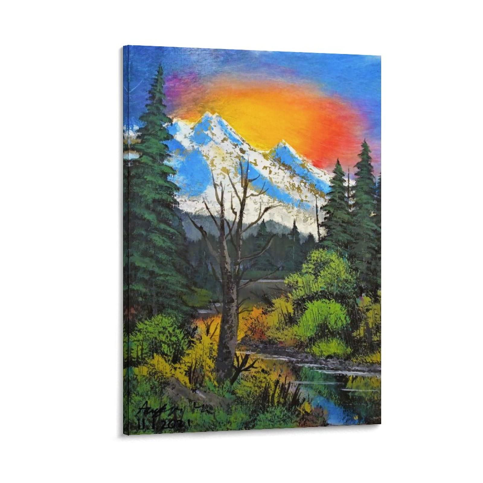 Ruowang Snow Mountain Forest Sunrise Sunset Watercolor Painting - 16x24 Inch (40x60cm) Canvas Wall Art Poster for Living Room, Bedroom & Office Decor - Perfect for Home, Apartment and Workspace Decoration
